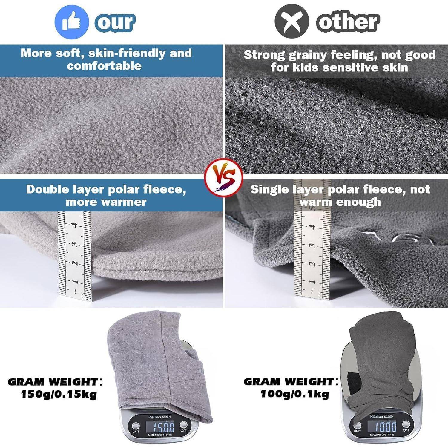 Nebeneinanderstellung zweier Fleece-Kapuzenkleidungsstücke: Unsere Version ist weicher, doppellagig und 150g; die andere ist rauer, einlagig und 100g.
