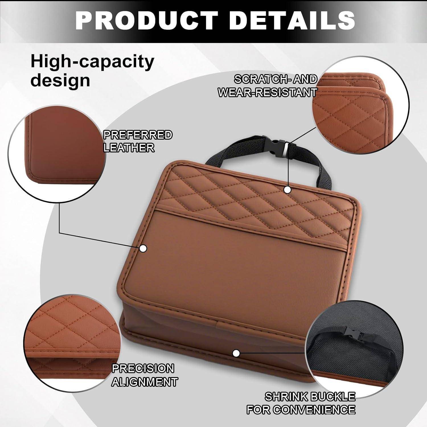 Produktdetails-Grafik einer braunen Hochleistungs-Laptoptasche mit gesteppter Textur, kratzfestem Leder, präziser Ausrichtung und Schrumpfschnallegriff.