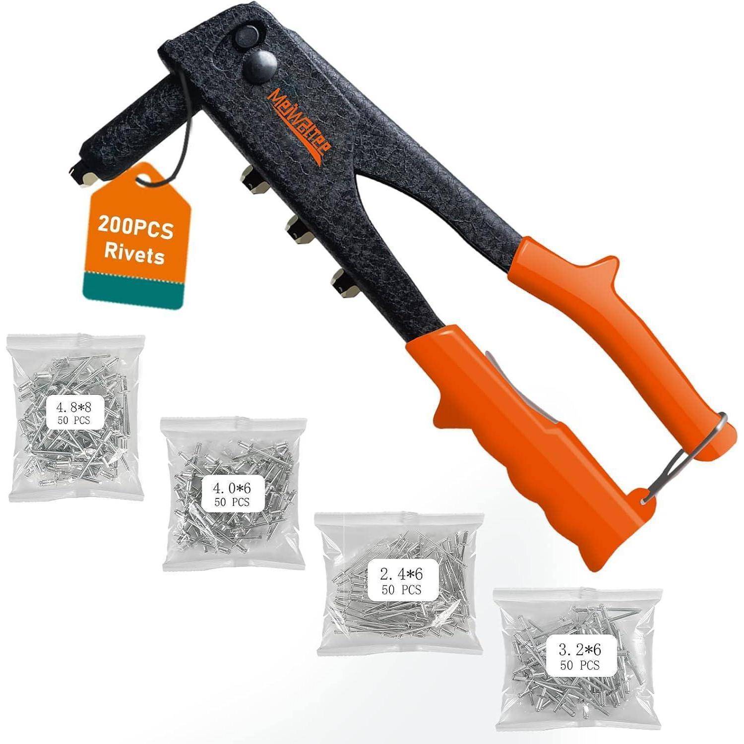 Handnietzange mit orangefarbenen Griffen, beschriftet mit „200PCS Rivets