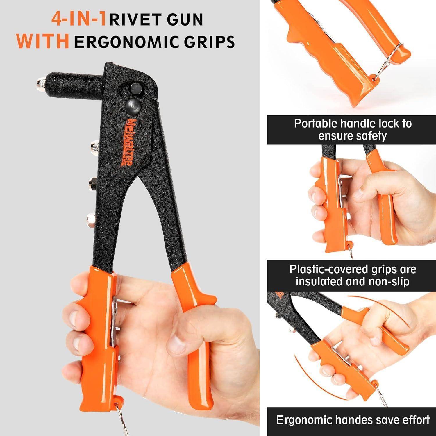 Produktbild einer 4-in-1-Nietpistole mit ergonomischen orangen Griffen, zeigt eine Hand bei der Verwendung und Beschriftungen für tragbares Griffschloss, isolierte rutschfeste Griffe und benutzerfreundliches Design.