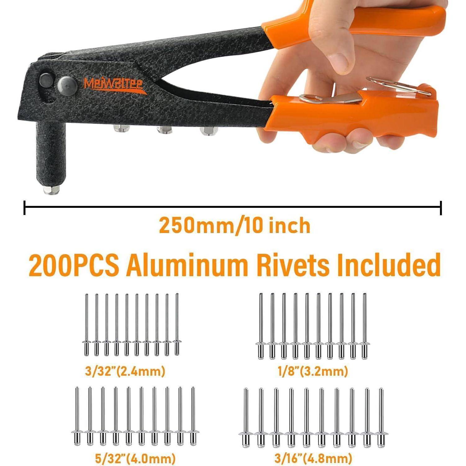 Tragbare orange-schwarze Nietpistole mit der Bezeichnung 250mm/10 Zoll mit „200er Satz Aluminium-Niete enthalten" und vier Nietstößelgrößen: 3/32, 1/8, 5/32, 3/16 Zoll.