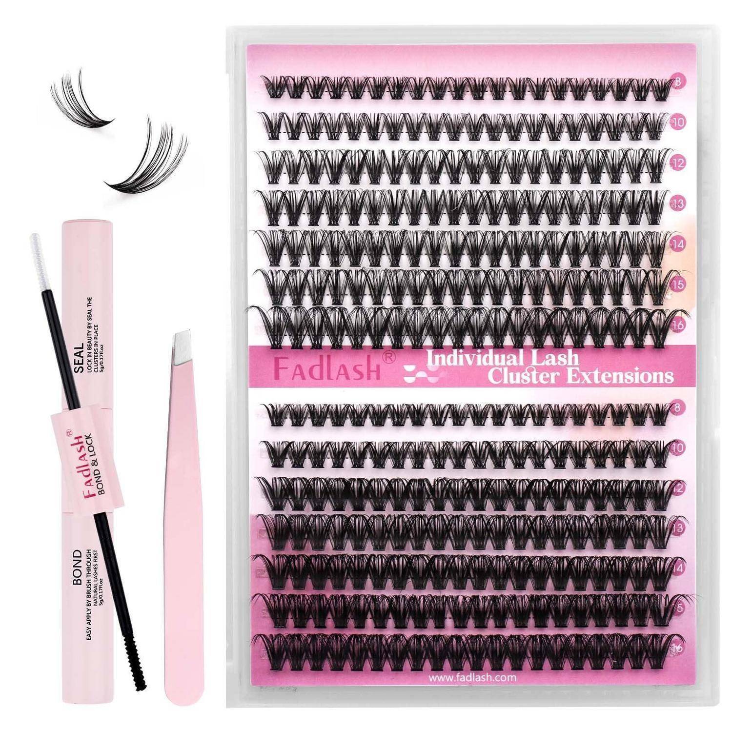 Pink Fadlash einzelne Wimpernbüschel-Extensionen Set mit mehreren falschen Wimpernreihen und Applikator-Werkzeugen in der Verpackung.