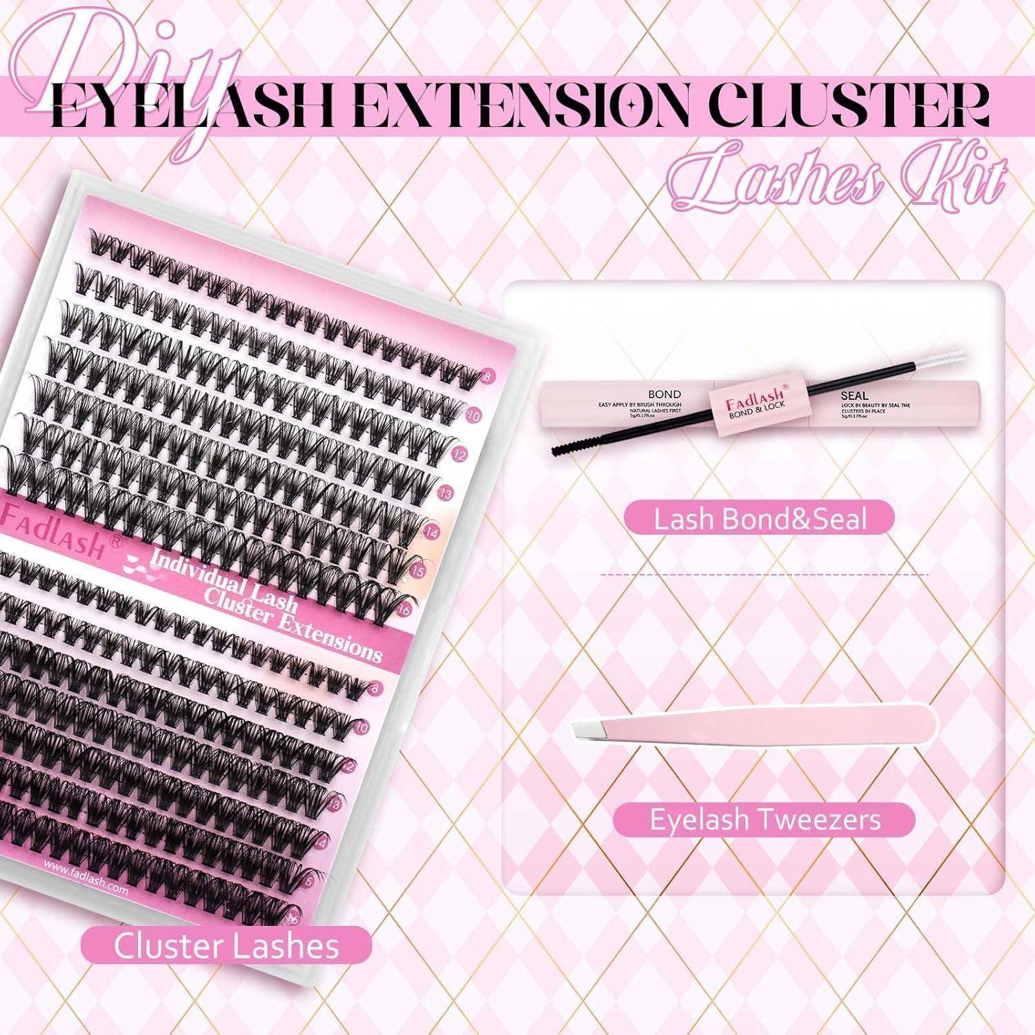 Rosafarbene Werbegrafik für ein Wimpernverlängerungs-Cluster-Set, das Cluster-Wimpern, eine Wimpernbinde- und Versiegelungstubes und rosa Wimpernzangen zeigt.