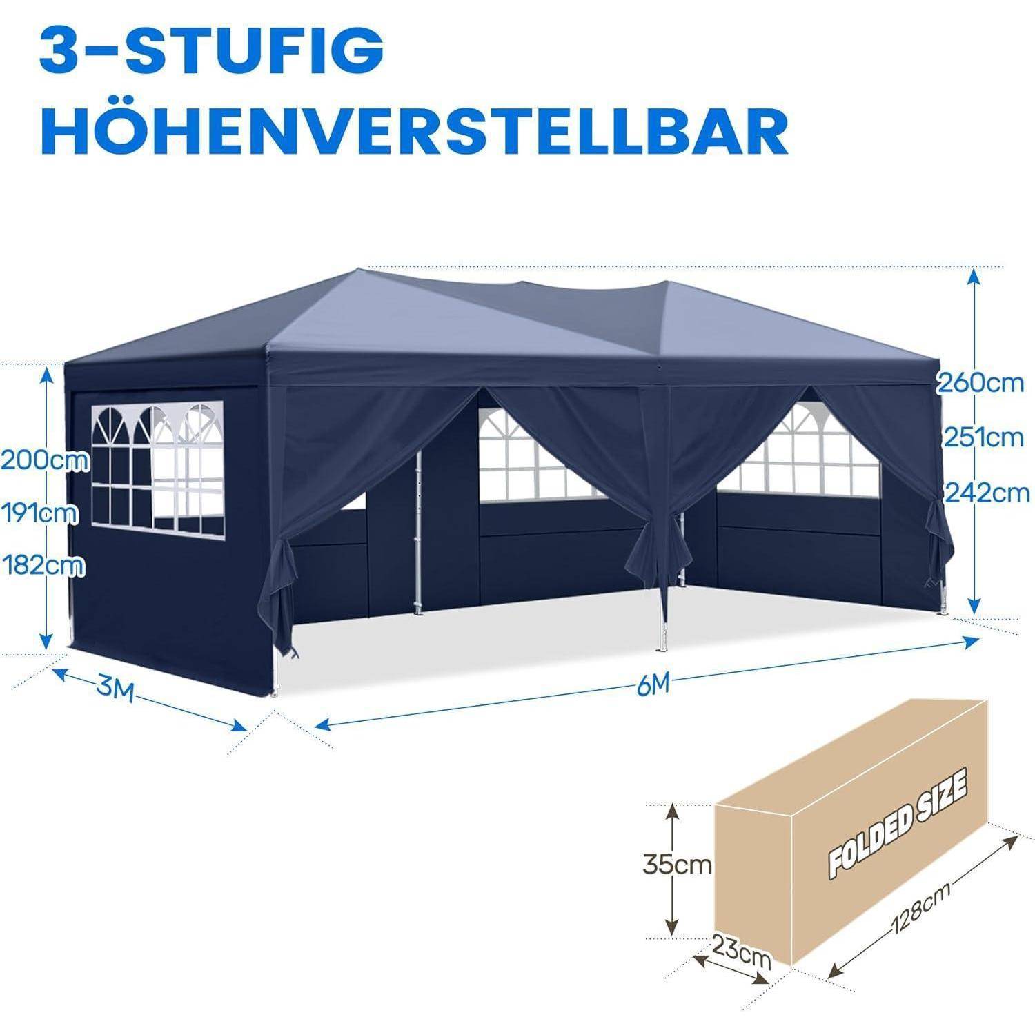 Illustration eines dunkelblau gefärbten Pop-Up-Baldachins mit Seitenwänden, beschriftet mit '3-stufig höhenverstellbar', zeigt Höhenoptionen und zusammengefaltete Größenabmessungen.