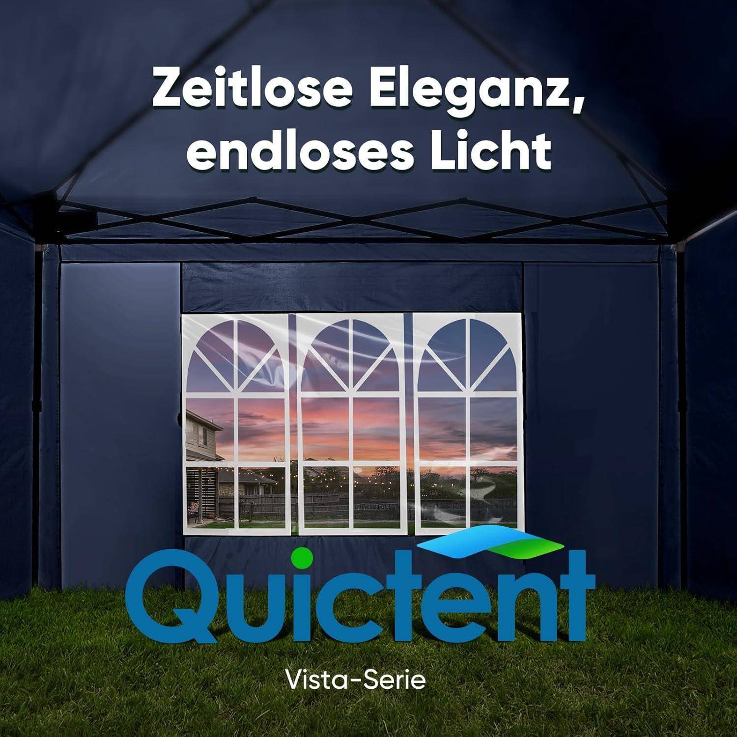 Quictent Vista-Serie Gartenzelt-Anzeige mit einem Fensterfeld und dem Text „Zeitlose Eleganz, endloses Licht" und „Vista-Serie"".