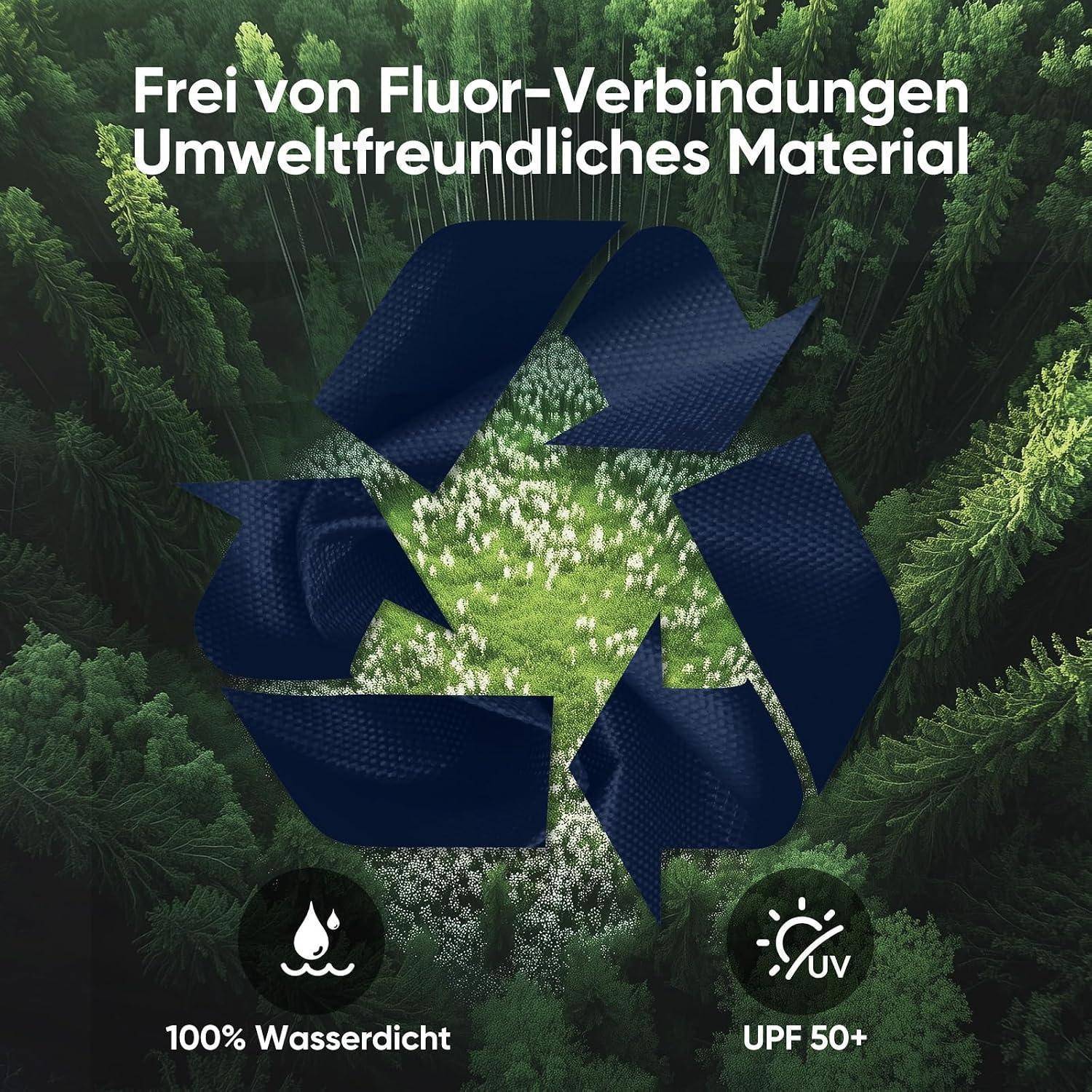 Recycling-Symbol über einem Wald mit deutschem Text „Frei von Fluorverbindungen" und „Umweltfreundliches Material""; Symbole zeigen „100% wasserdicht"" und „UPF 50+"