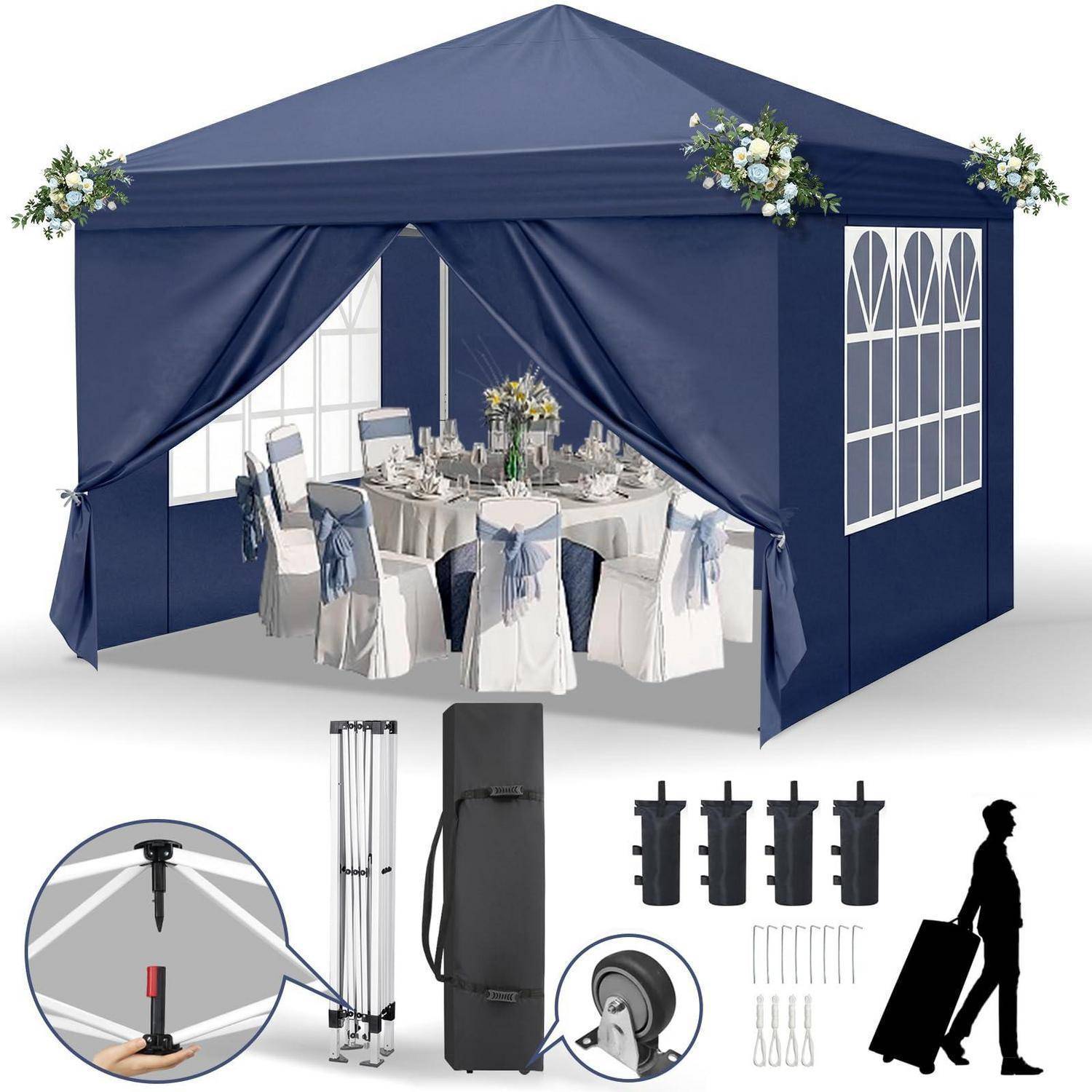 Blaues Pop-up-Eventzelt, dargestellt als Speiseschutz mit drapiertem Eingang und Blumendekorationen, sowie mitgelieferte Rahmenkonstruktion, Rollentasche, Heringe und Silhouette einer tragenden Person.