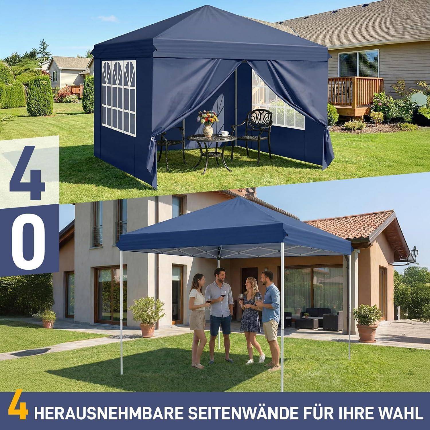 Werbebild eines marineblauen Pop-up-Pavillons mit abnehmbaren Seitenwänden, gezeigt in einem Garten mit Personen darunter; Text sagt '4 HERAUSNEHMBARSE SEITENWÄNDE FÜR IHRE WAHL'.