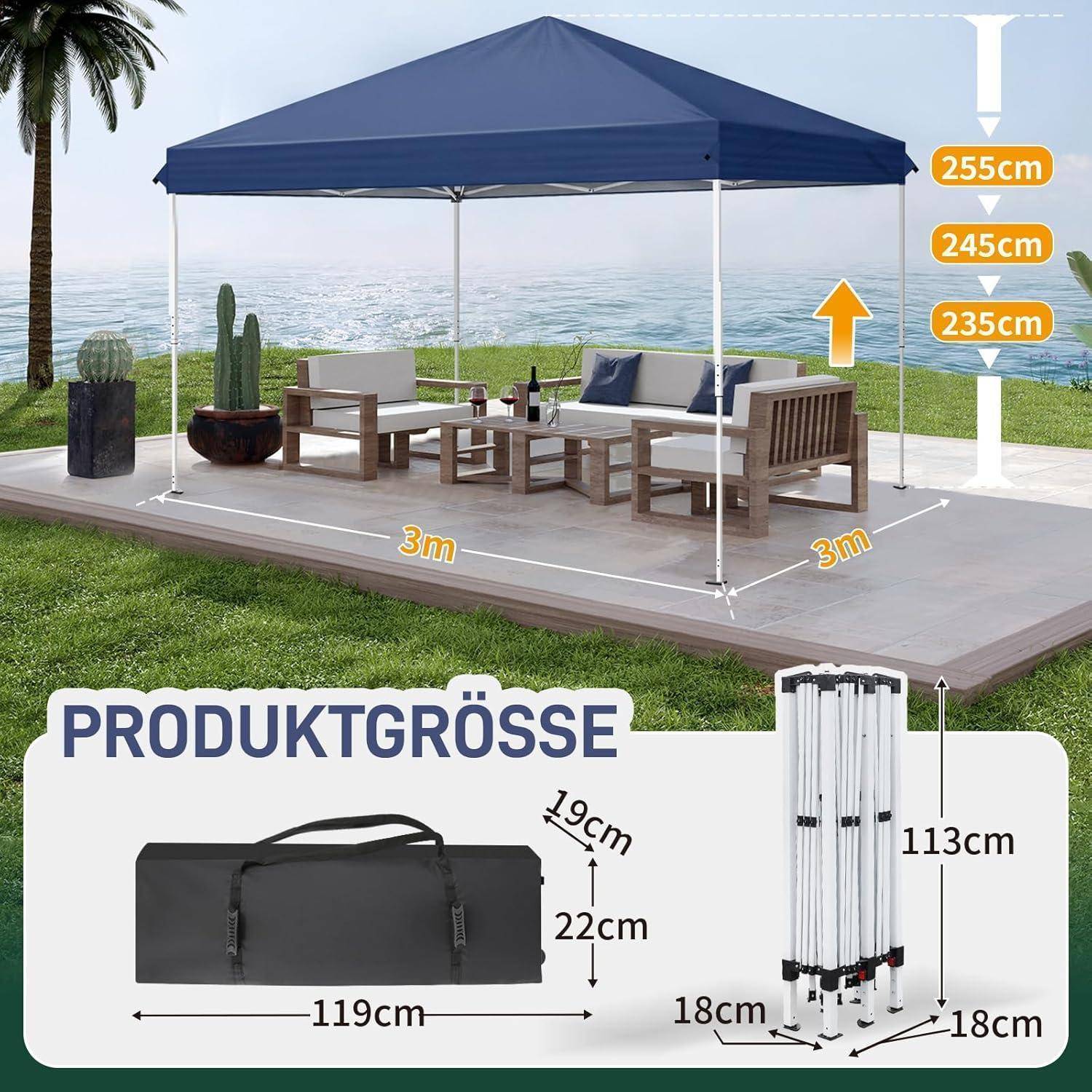 Blauer 3m x 3m Terrassenmarkise über einem Außensitzbereich mit Größenangaben, die Höhen von 235-255 cm und Produktgröße zeigen: Tragetasche 119 x 22 x 19 cm, zusammengeklappter Rahmen 113 cm hoch und 18 cm breit.