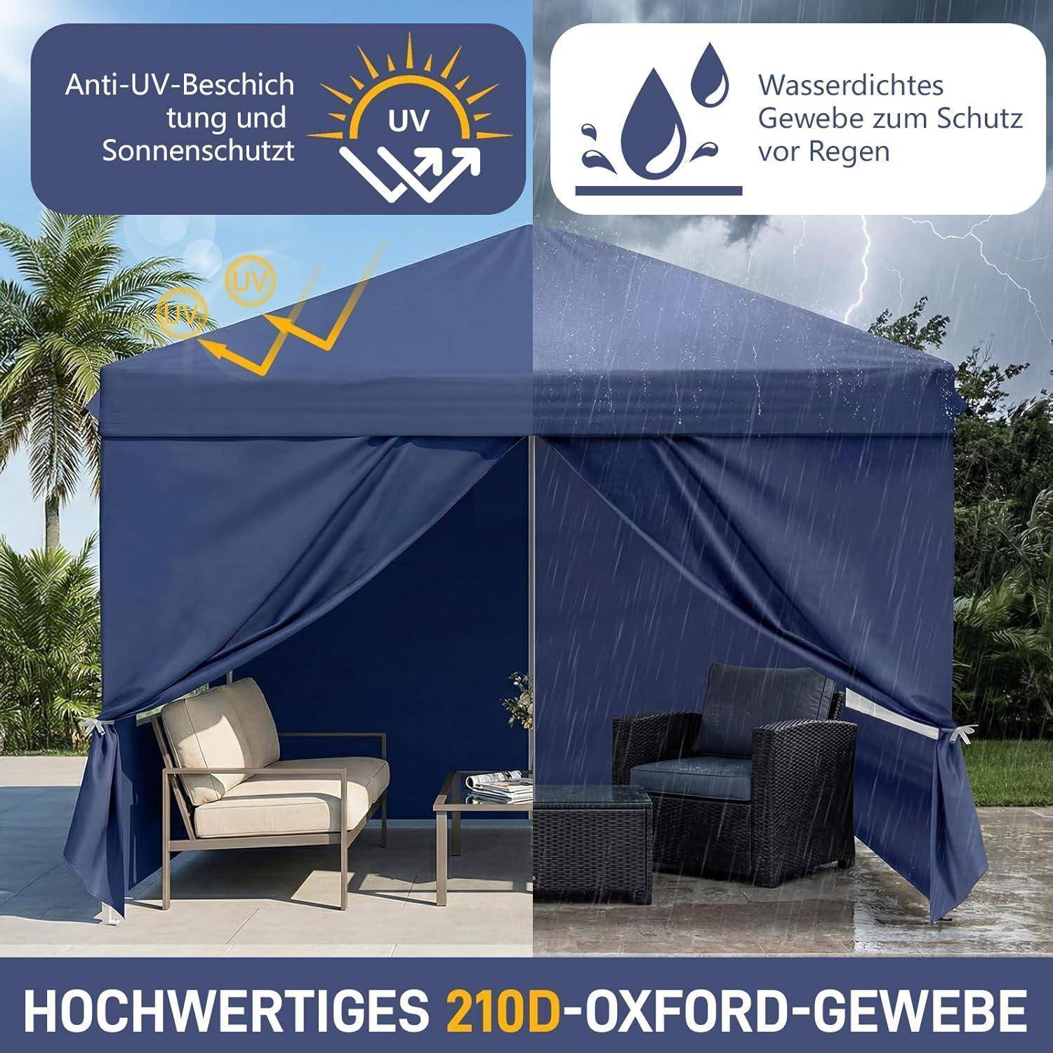 Blauem Outdoor-Pavillon-Zelt, das als Sonnen- und Regenschutz gezeigt wird, mit deutschen Beschriftungen „Anti-UV-Beschichtung und Sonnenschutz", „Wasserdichtes Gewebe zum Schutz vor Regen"" und „HOCHWERTIGES 210D-OXFORD-GEWEBE"".
