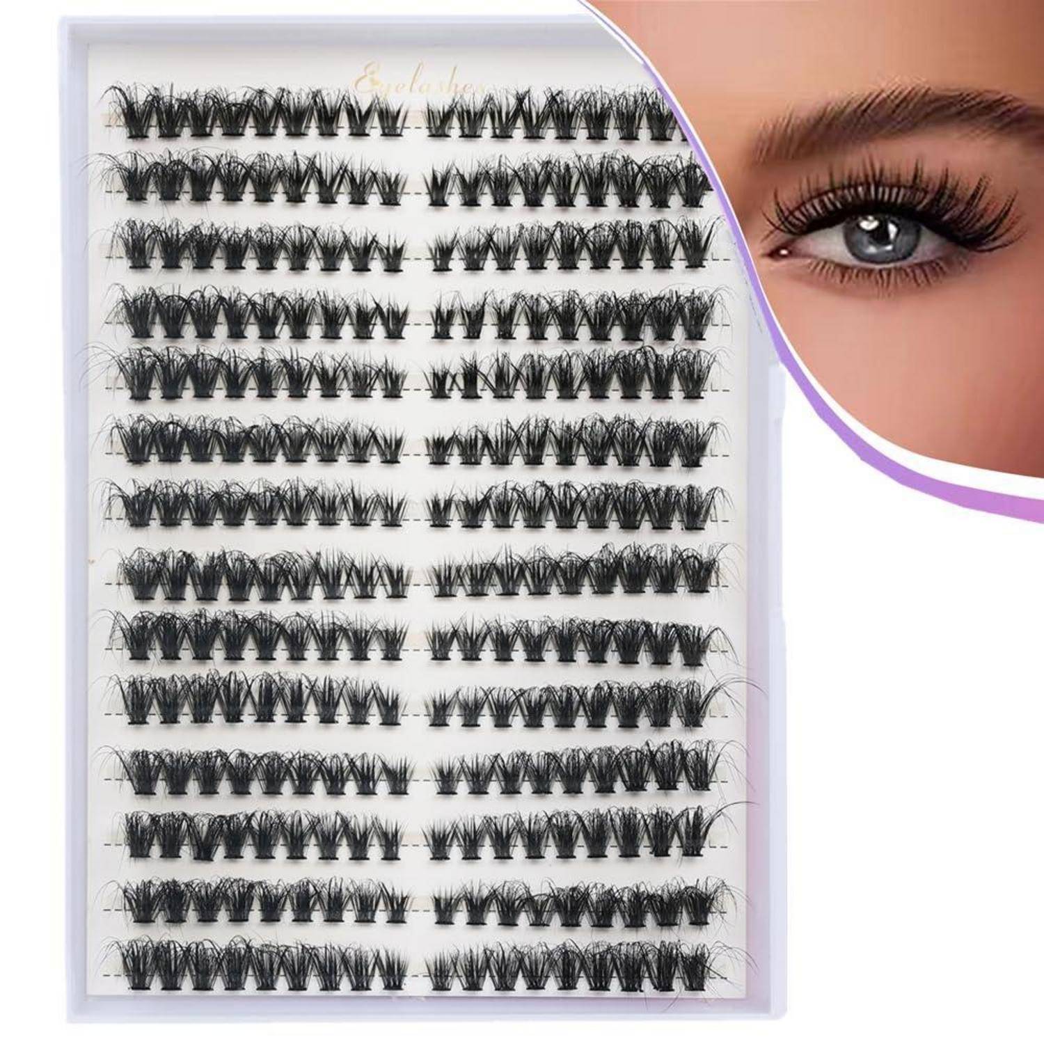 Streifen künstlicher Wimpern, die in Reihen angeordnet sind, mit einer Nahaufnahme des Auges als Einsatz, die das Aussehen der aufgetragenen Wimpern zeigt.