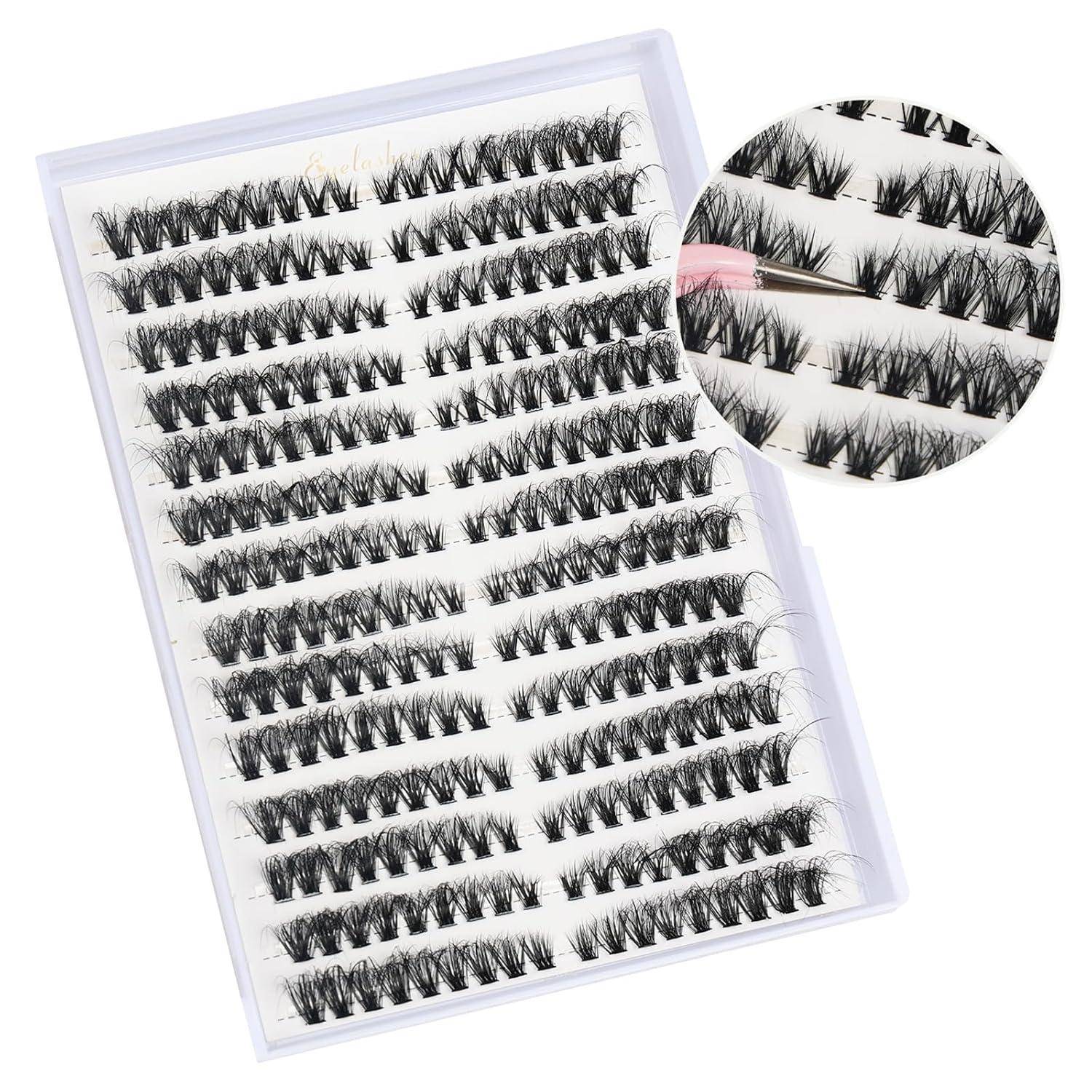 Tablett mit falschen Wimpern mit einer vergrößerten Detailaufnahme, die feine Wimpernbänder und die Platzierung einer Pinzette zeigt