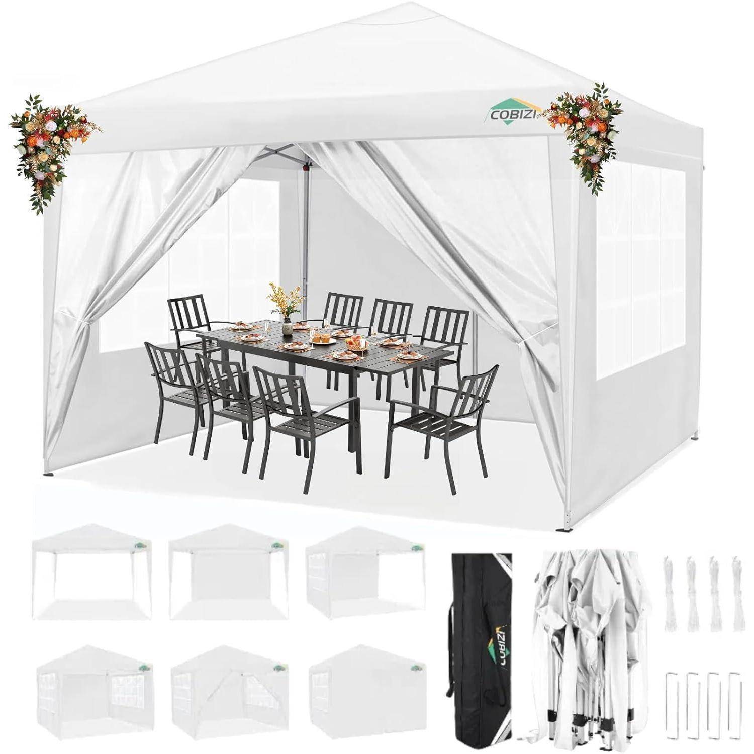 Weißes Außenmarkisenzelt, das mit Seitenwänden, floralen Eckdekorationen und einem Terrassenspeisetisch mit Stühlen aufgestellt ist; kleinere Miniaturansichten darunter zeigen andere Zeltansichten und Aufbewahrungstasche/Zubehör.