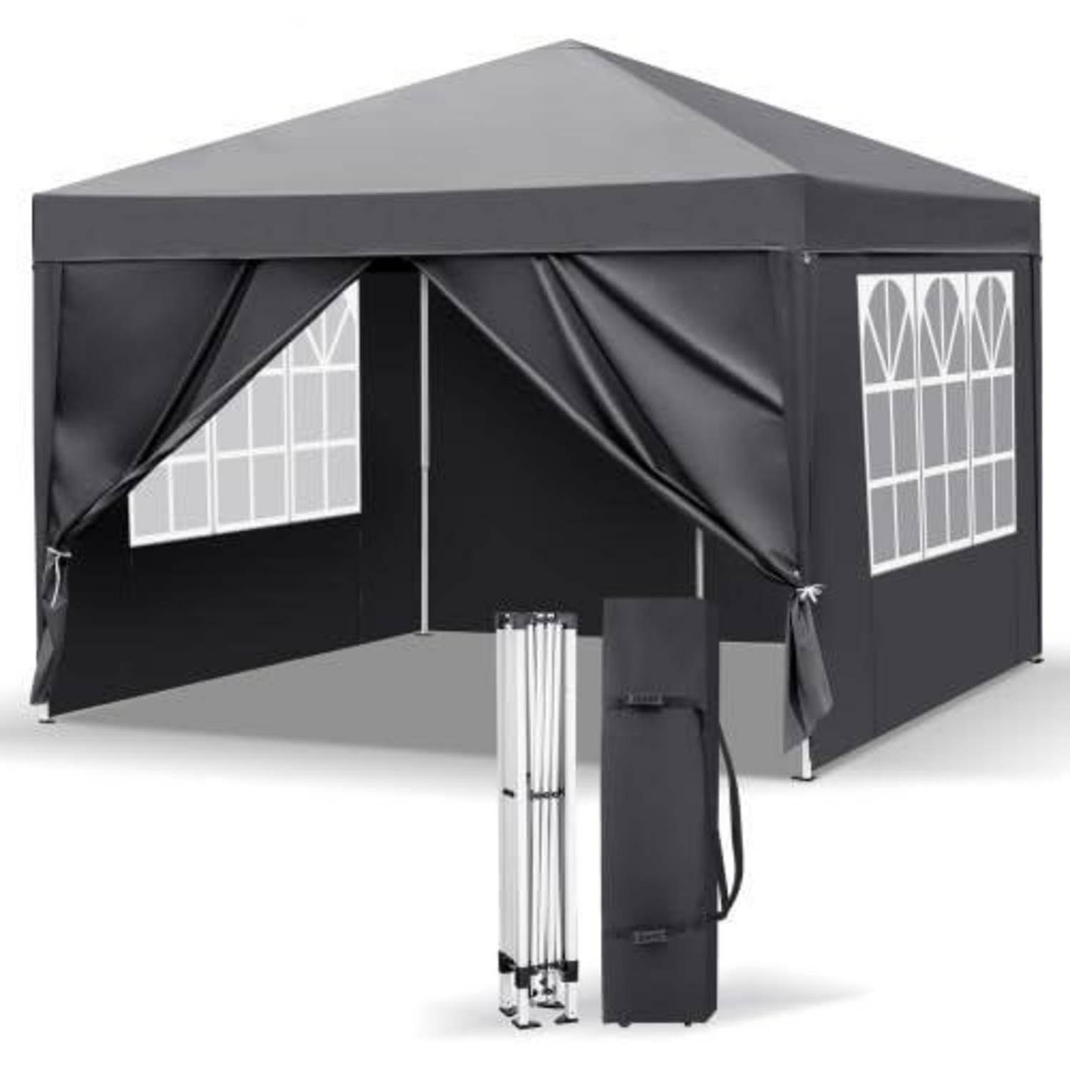 Schwarzes Pop-up-Pavillon-Zelt mit offener Vorderseite, Seitenfenster-Paneelen und zusammengefalteter Gestell-Tasche, die davor gezeigt wird.