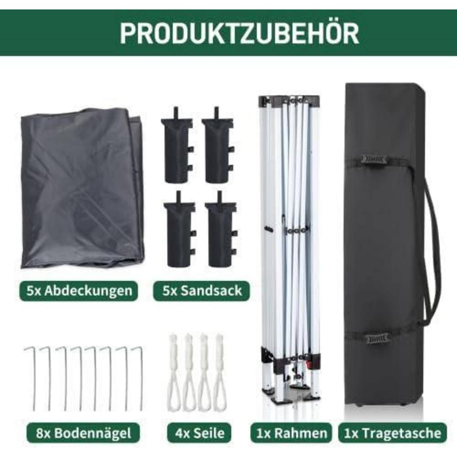 Produktzubehörsatz mit gekennzeichneten Artikeln: 5 Abdeckungen, 5 Sandsäcke, 8 Heringe, 4 Seile, 1 Rahmen und 1 Transporttasche.