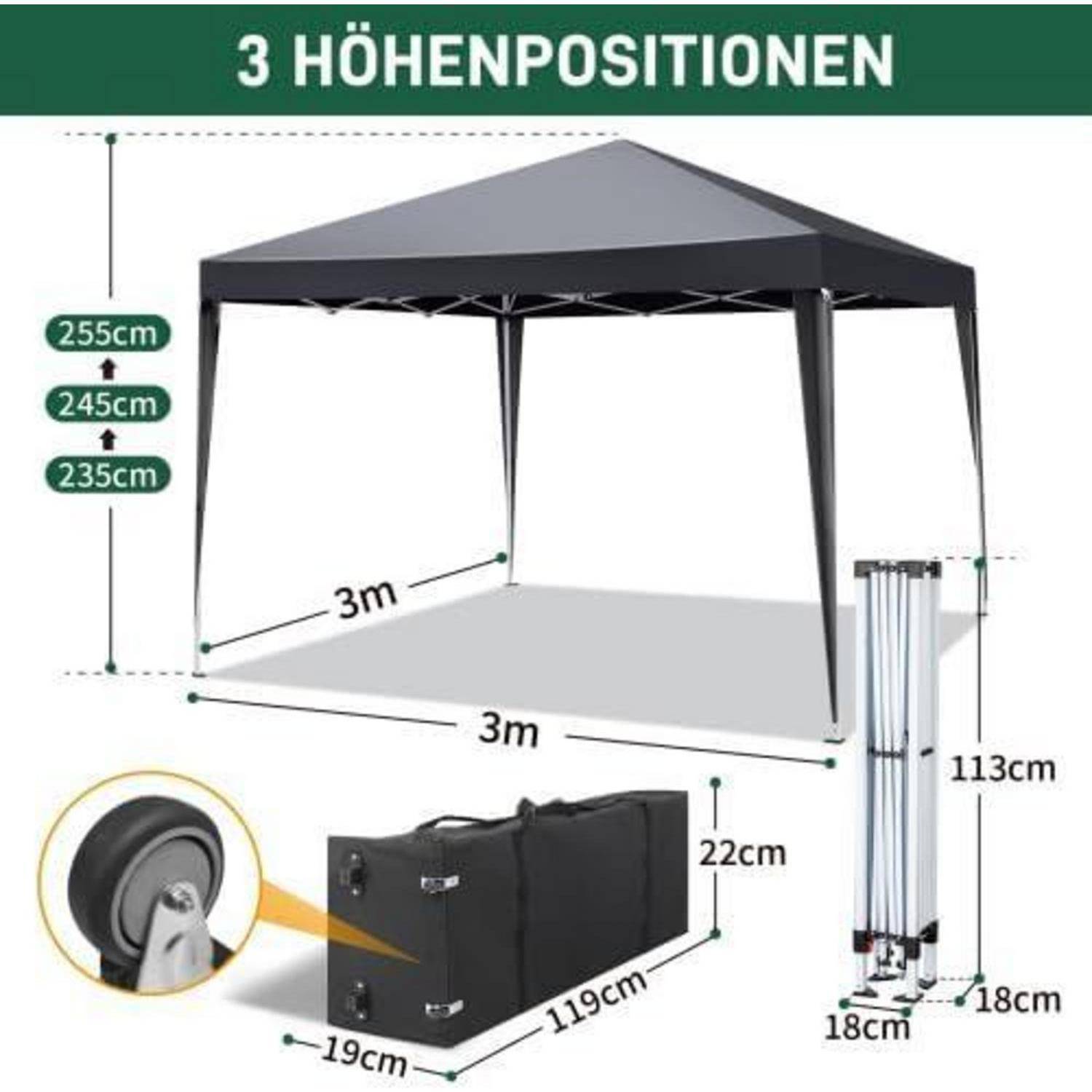 Diagramm eines 3m x 3m Pop-up-Faltzelts mit 3 Höheneinstellungen: 235cm, 245cm und 255cm; enthält Abmessungen der Tragetasche und Größe des zusammengeklappten Rahmens.