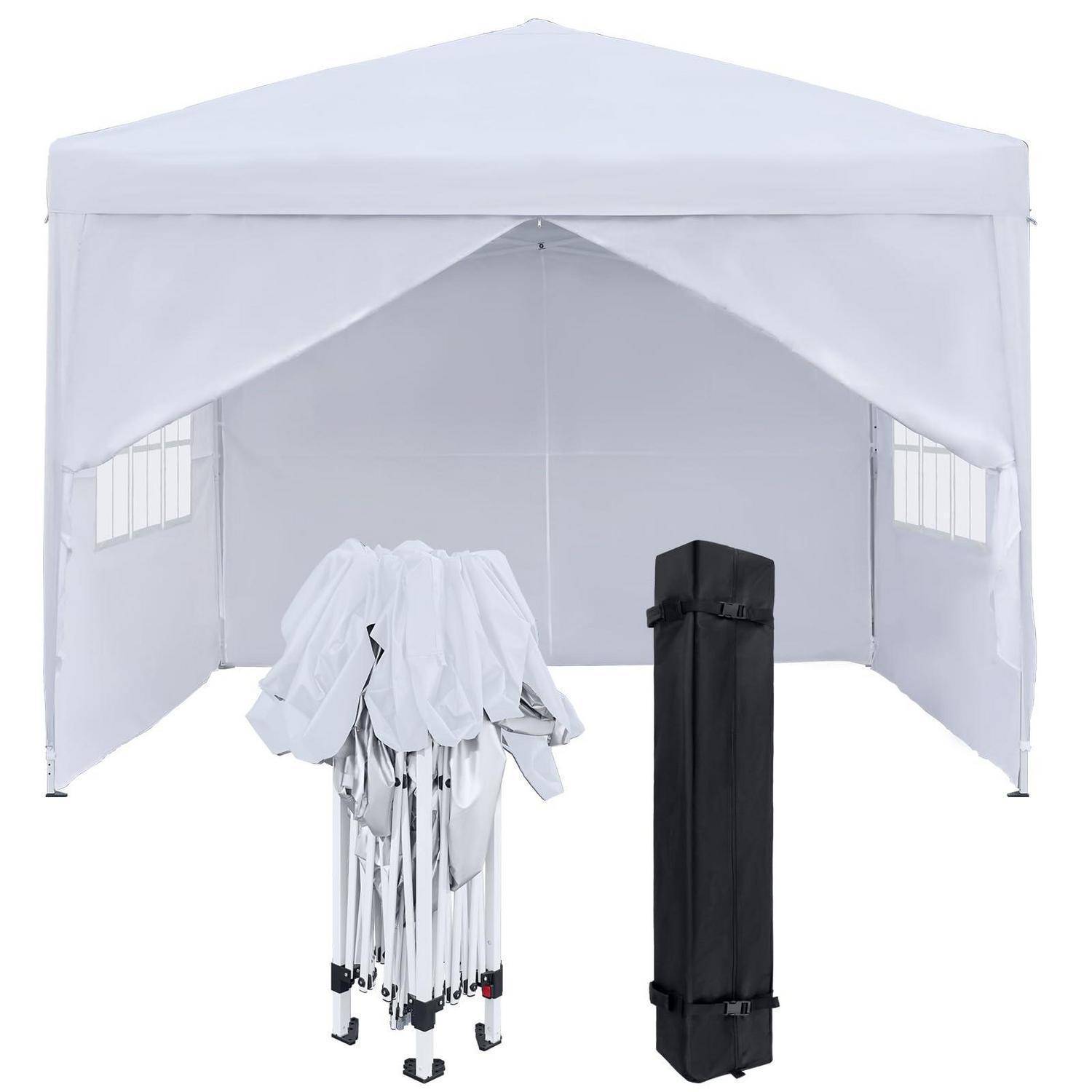 Weiß zusammenklappbares Popup-Pavillon-Zelt mit gefaltetem weißem Rahmen davor und schwarzer Tragetasche daneben auf einfachem weißem Hintergrund.