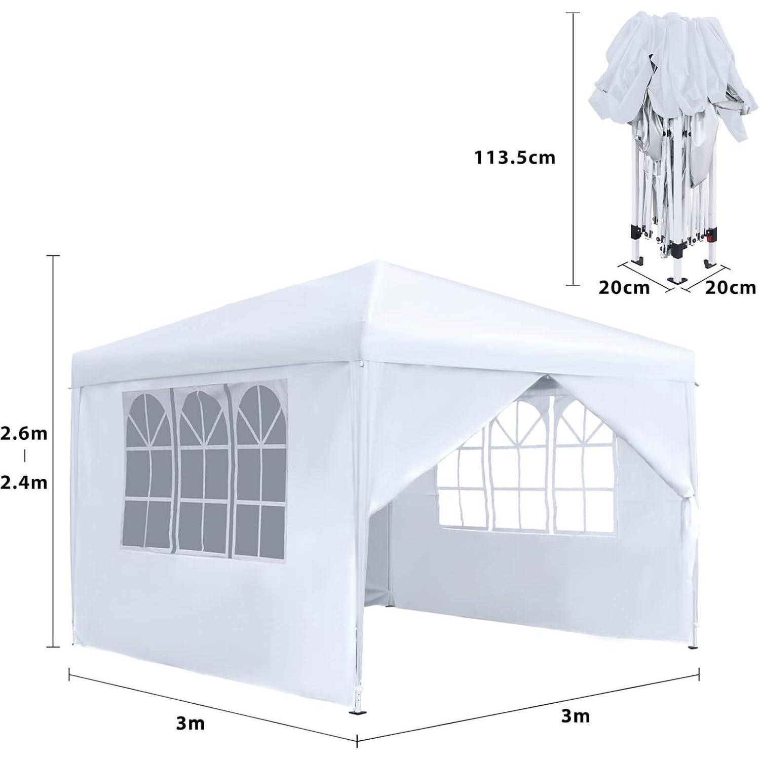 Weißes Pop-Up-Pavillonzelt mit 3m x 3m Grundfläche und 2,4–2,6m Höhe, mit gewölbten Fensterpaneelen; Packgröße angegeben als 20cm x 20cm x 113,5cm.