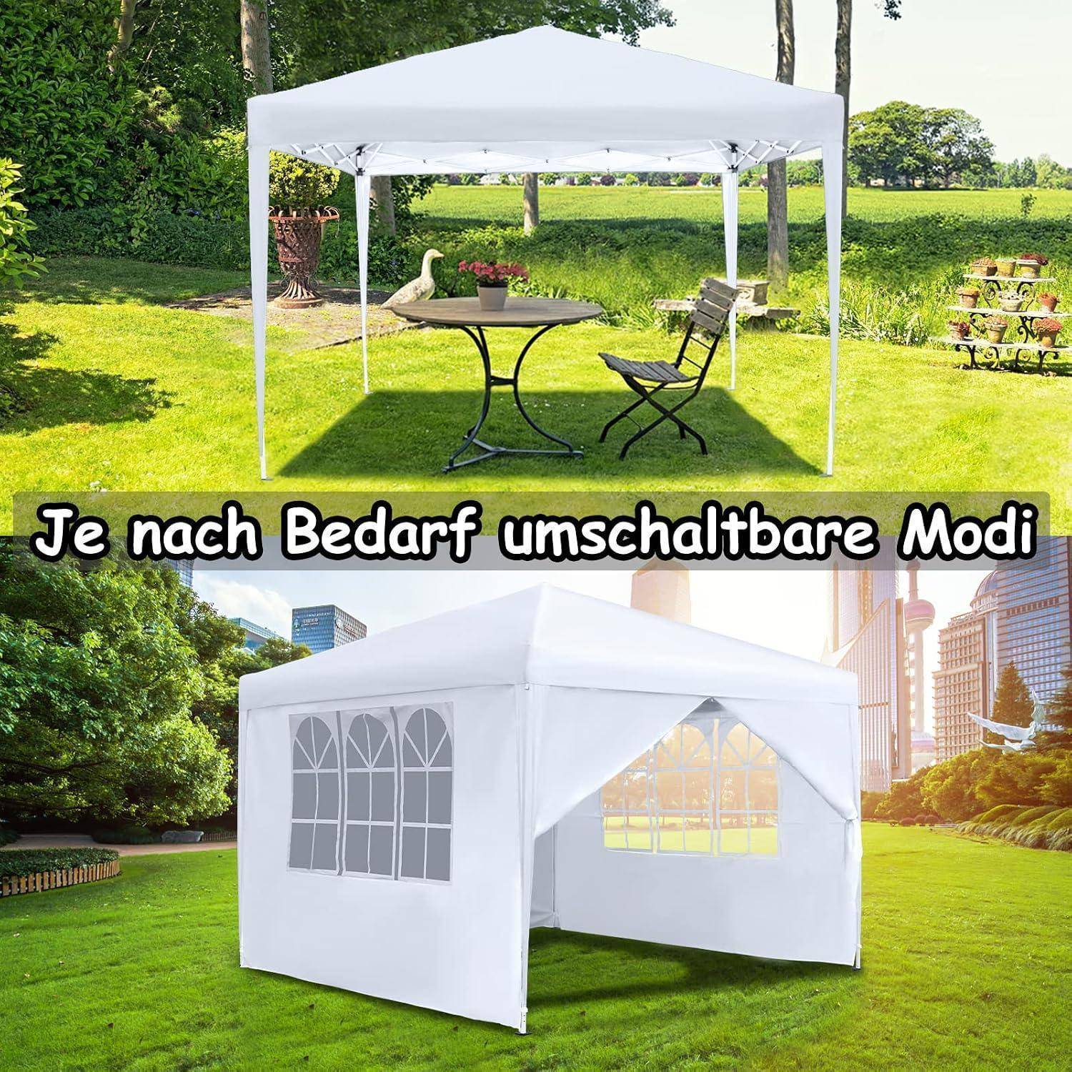 Weißes Pop-up-Baldachindach wird auf einer Wiese in offener und geschlossener Konfiguration gezeigt, mit dem deutschen Text „Je nach Bedarf umschaltbare Modi", der auf umschaltbare Modi hinweist.