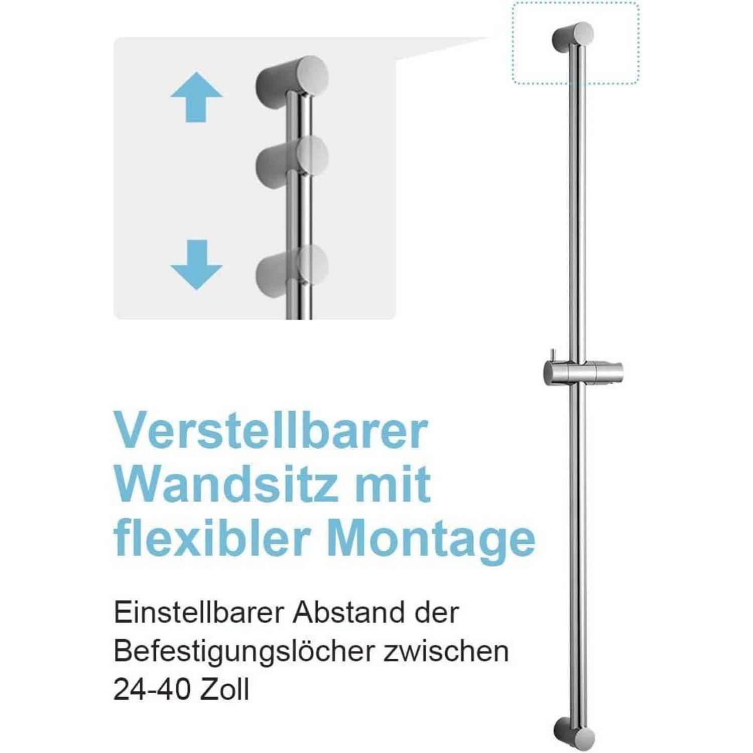 Verstellbare Duschstange mit flexibler Wandmontage; Text besagt „Verstellbarer Wandsitz mit flexibler Montage