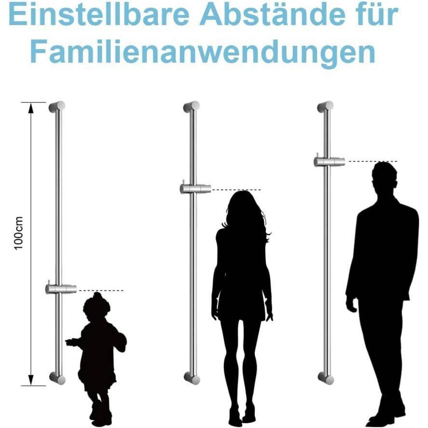 Diagramm mit einstellbaren Abstänzen für den Familiengebrauch, mit drei Höhenbeispielen einer wandmontierten Stange neben Silhouetten eines Kindes, einer erwachsenen Frau und eines erwachsenen Mannes; 100-cm-Maßstab auf der linken Seite angezeigt.