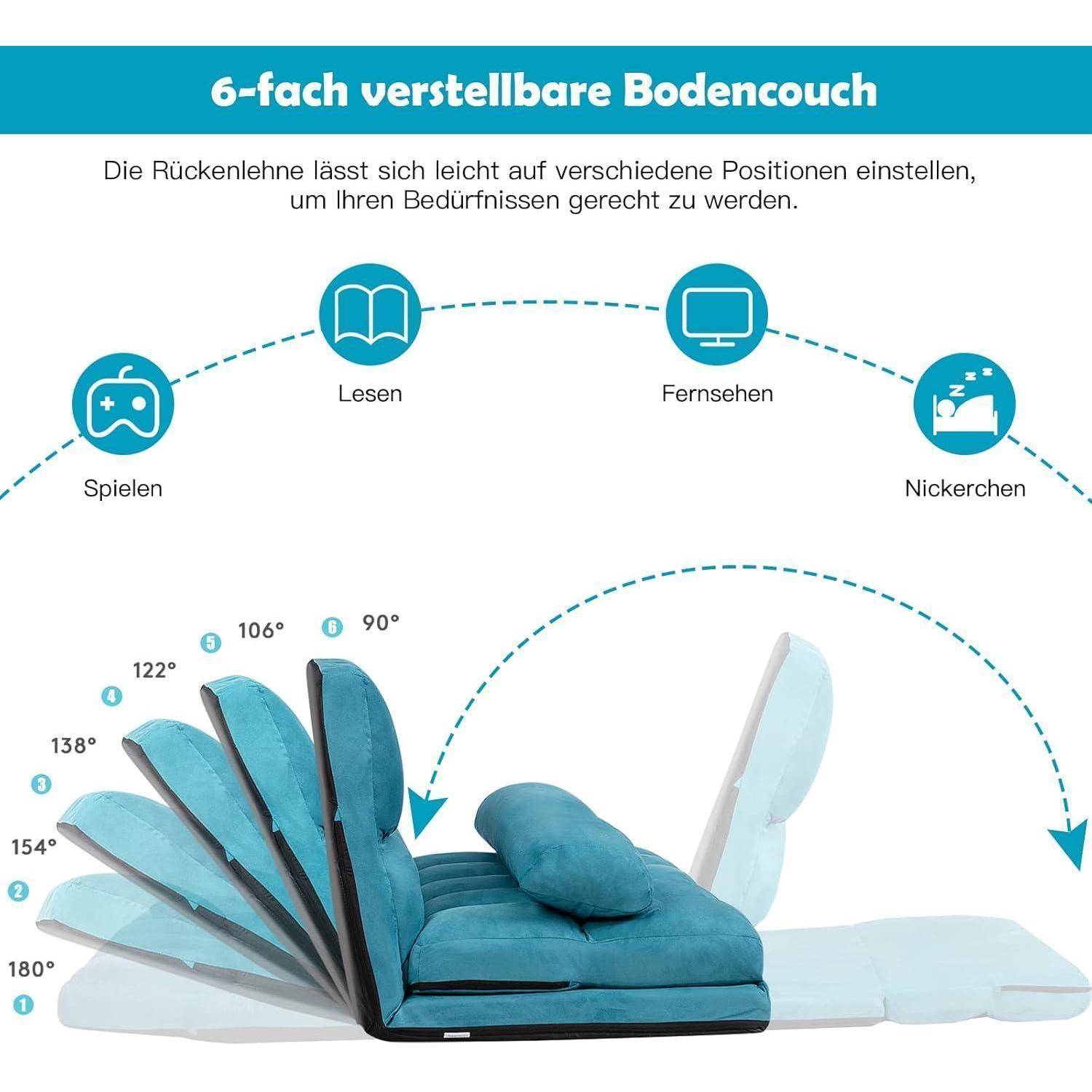 GOPLUS 2 Sitzer Bodensofa mit 2 Kissen, 3 in 1 Sofabett Liege Sofa mit 6 stufig Verstellbarer Rückenlehne mit Schlaffunktion für Wohnzimmer Schlafzi