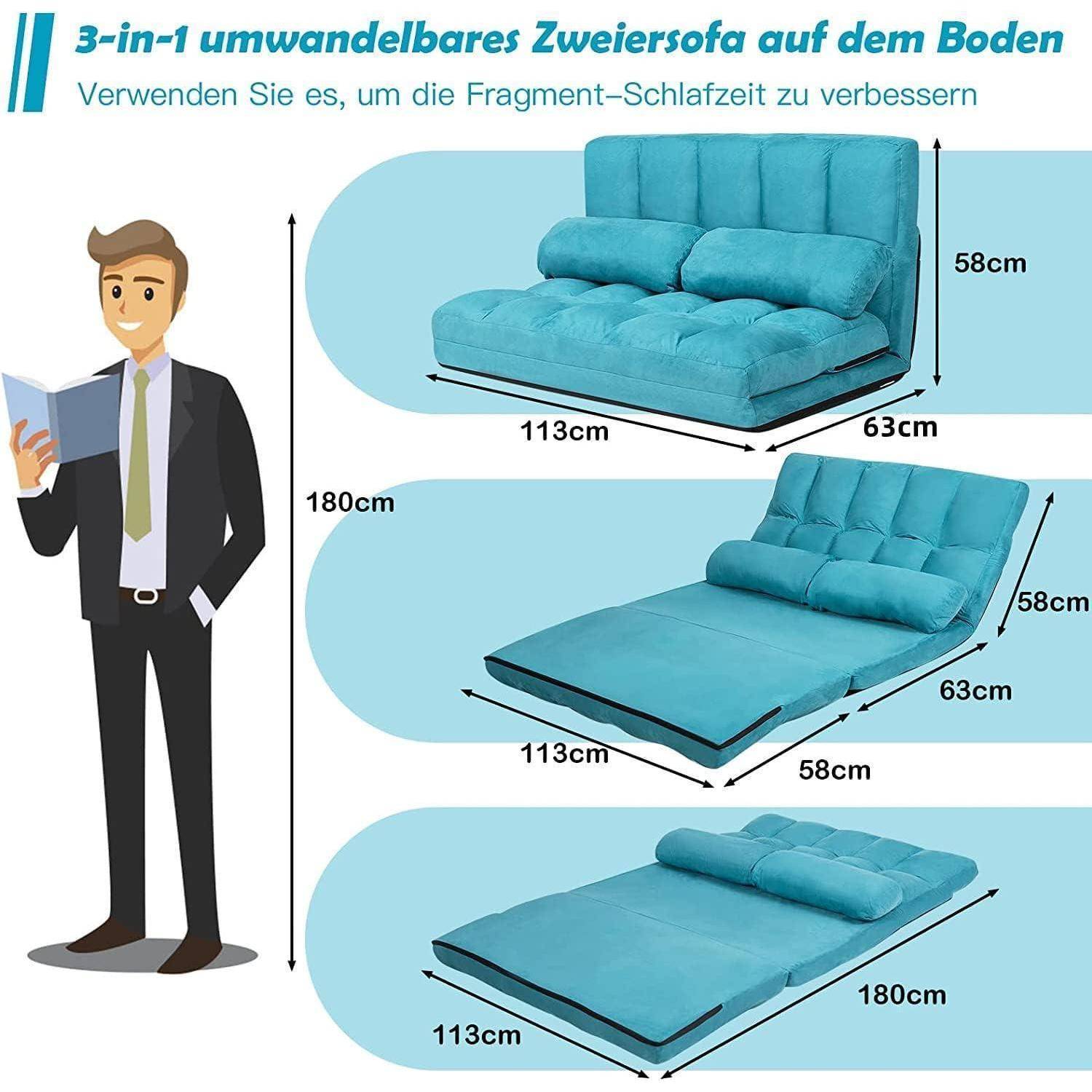 Illustration eines 3-in-1 Verwandelbaren Bodensofas, das sich von einem Sessel in eine Liege und ein Bett umwandelt, mit angegebenen Abmessungen: 113 x 63 cm und 58 cm hoch, oder 180 cm lang im ausgeklappt Zustand.