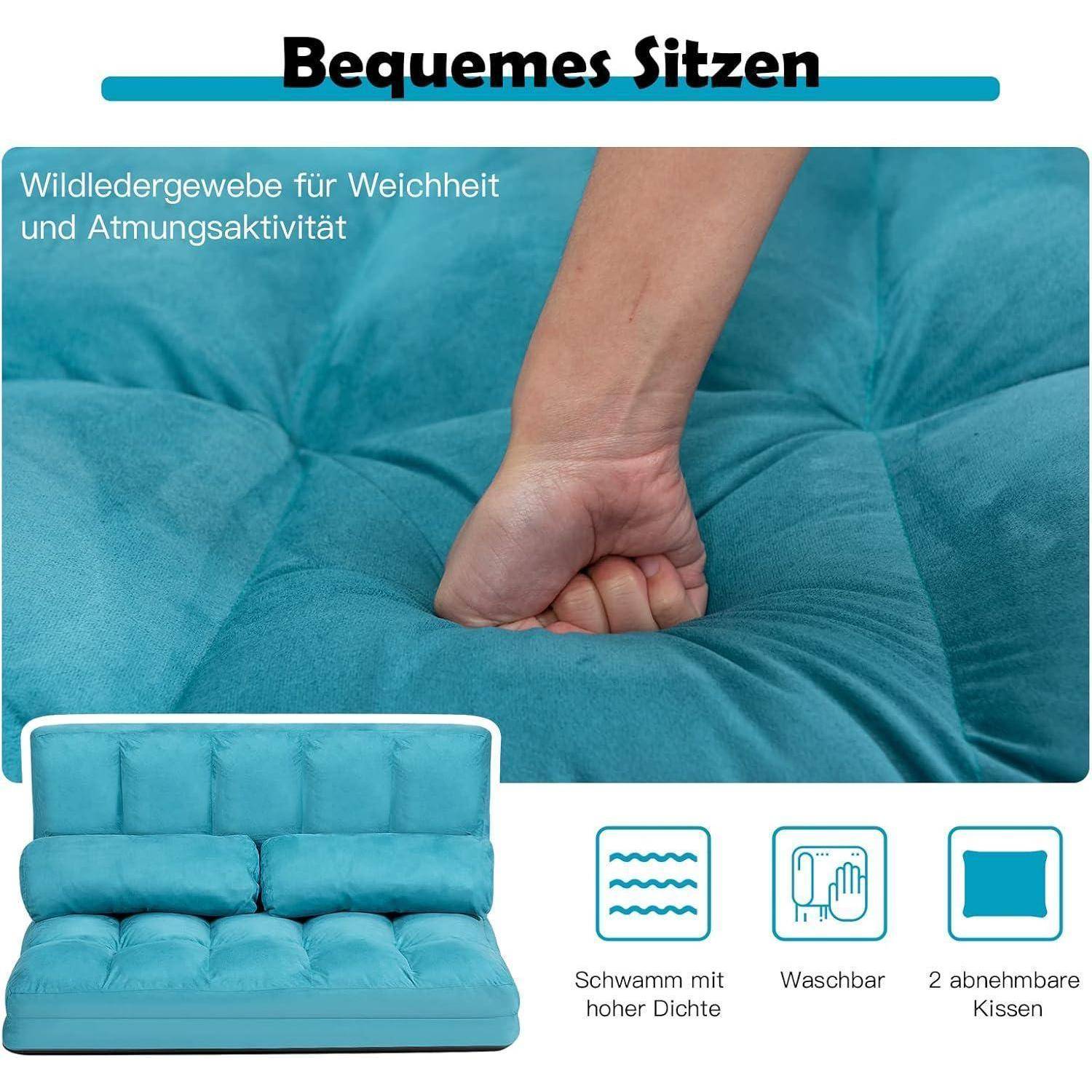 Türkisfarbenes Polstersofa mit einer Hand, die hineindrückt, um die Weichheit zu zeigen; Text sagt „Bequemes Sitzen
