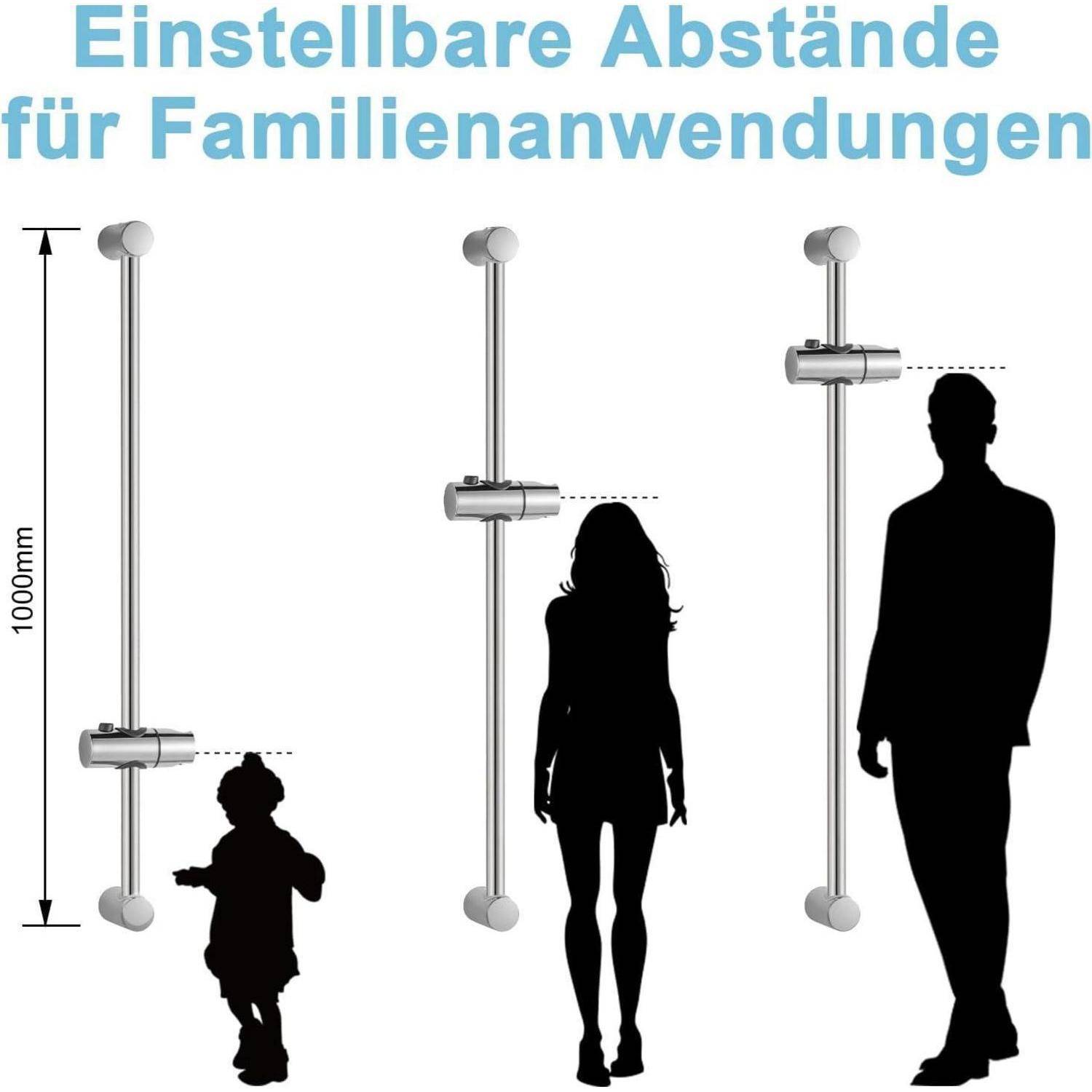 Diagramm mit einstellbaren Duschkopfhöhen für die Familiennutzung, mit 1000 mm hohen vertikalen Stangen, die für ein Kind, eine Frau und einen Mann positioniert sind.