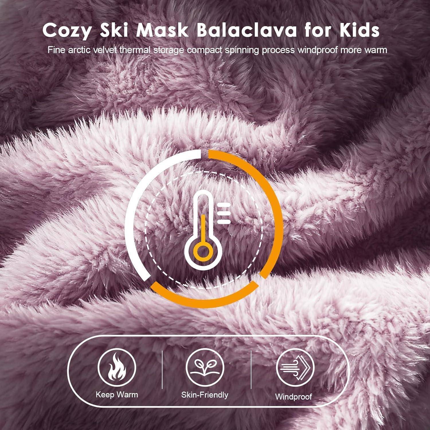 Werbegrafik für 'Gemütliche Skimaske Balaclava für Kinder' mit weicher rosa Pelztextur, Thermometer-Symbol und Funktionen: warm halten, hautfreundlich, winddicht.