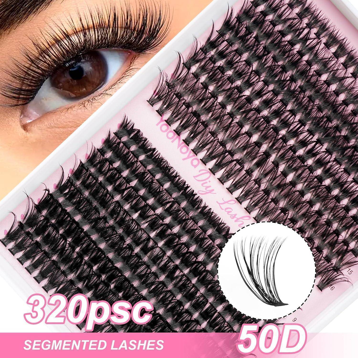 Nahaufnahme eines Auges neben einem Tablett mit falschen segmentierten Wimpern mit den Bezeichnungen „320psc
