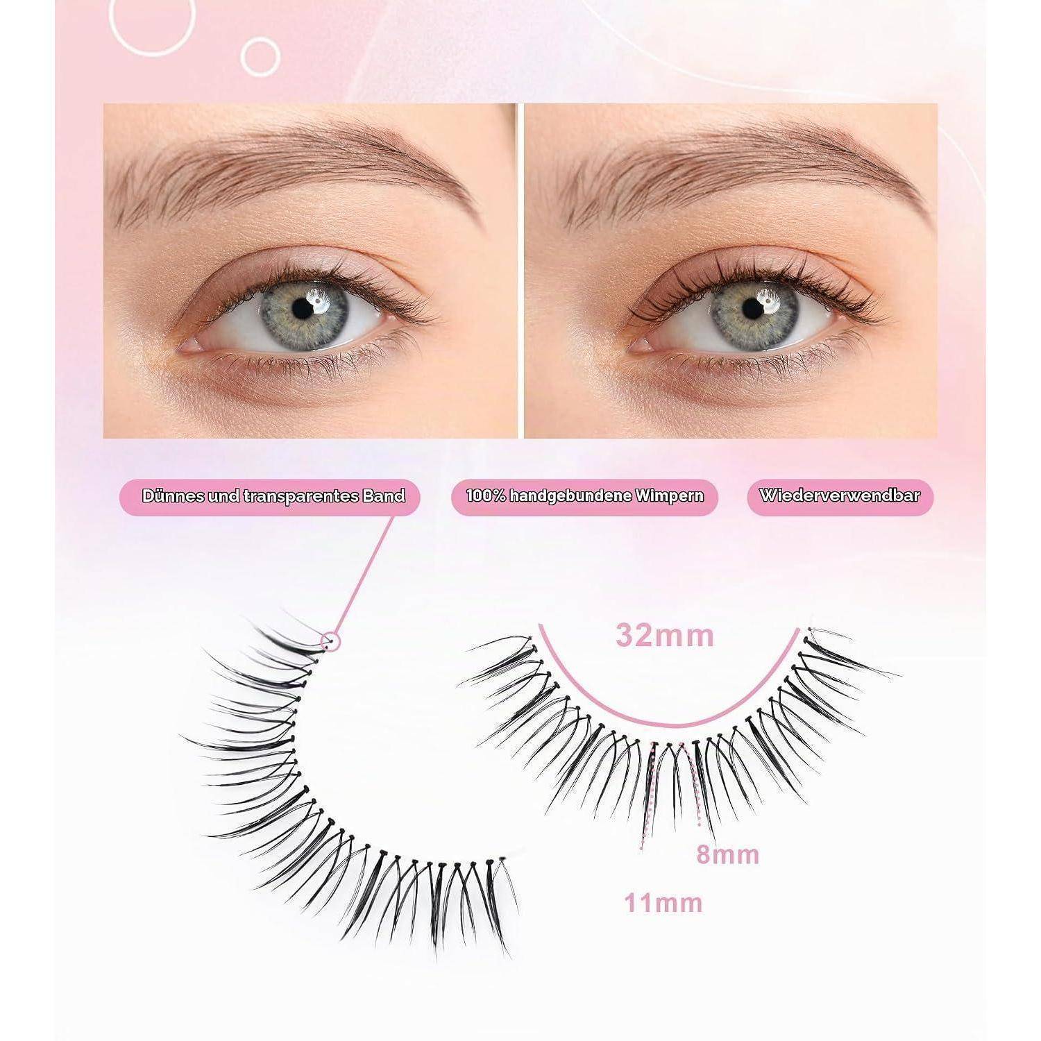 Vergleichsbild eines Auges mit und ohne künstliche Wimpern, das wiederverwendbare Wimpern mit transparentem Band und deren 32 mm Breite, 11 mm Länge und 8 mm Bandgröße zeigt.