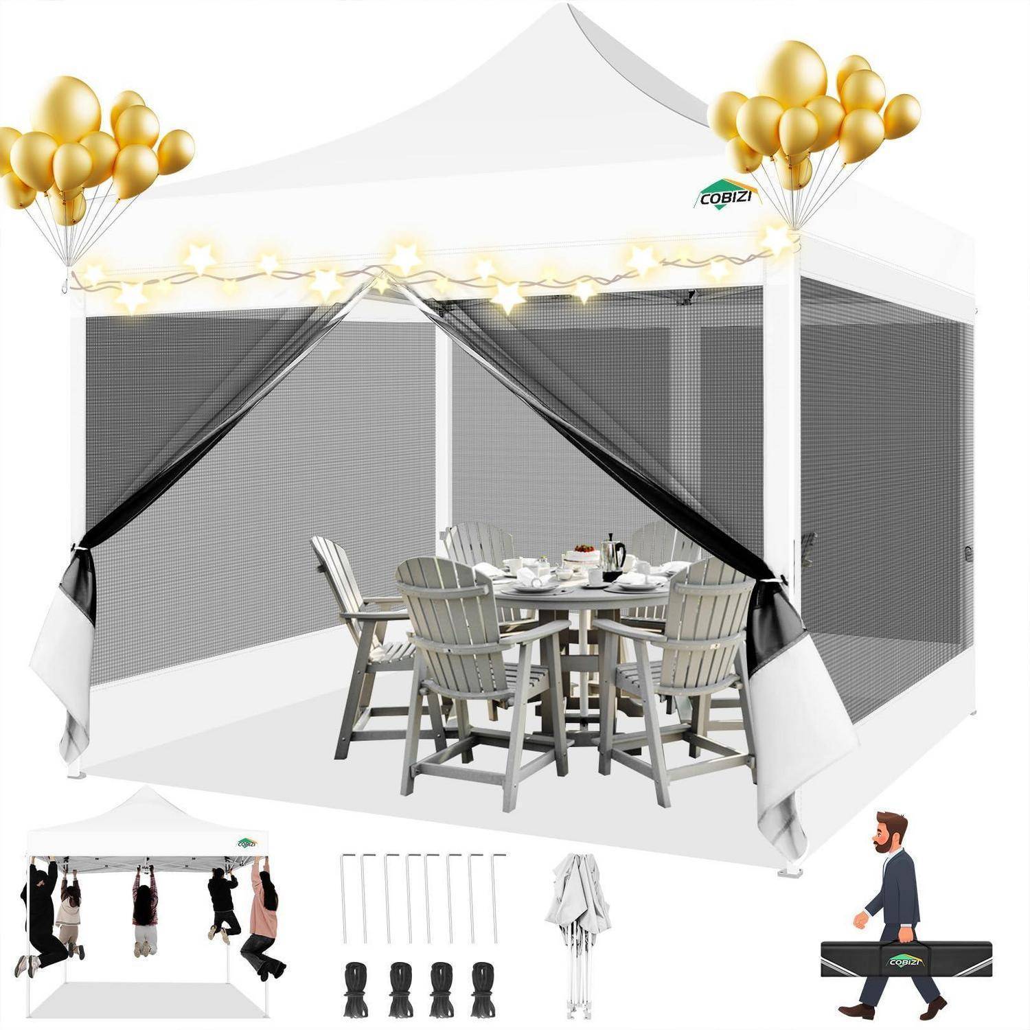Produktstil-Bild einer Sieb-Pavillon-Markise mit offenen Vorhängen, Außenesstisch und Stühlen, Lichterketten, goldenen Luftballons und unten gezeigten enthaltenen Zubehörteilen.