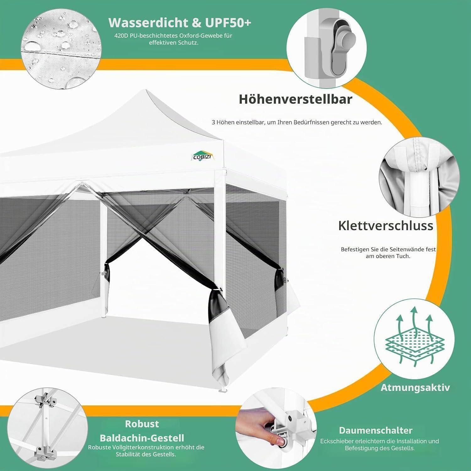 Pop-up-Pavillon mit Seitenwänden, gekennzeichnet als wasserdicht und UV50+, höhenverstellbar, Reißverschlussverschluss, atmungsaktiv, robustes Stahlgestell und Daumenschalter für einfachen Aufbau.