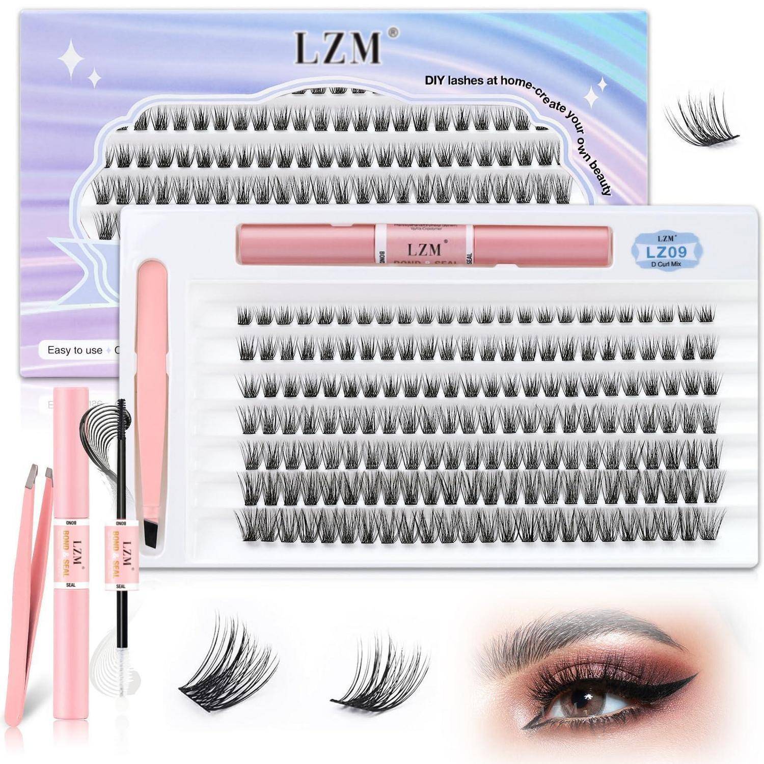 LZM DIY-Wimpernverlängerungsset mit mehreren falschen Wimpernbüscheln, Applikator-Werkzeugen und Mascara-ähnlichen Tuben; beinhaltet ein Augen-Make-up-Beispiel, das das Aussehen der angebrachten Wimpern zeigt.