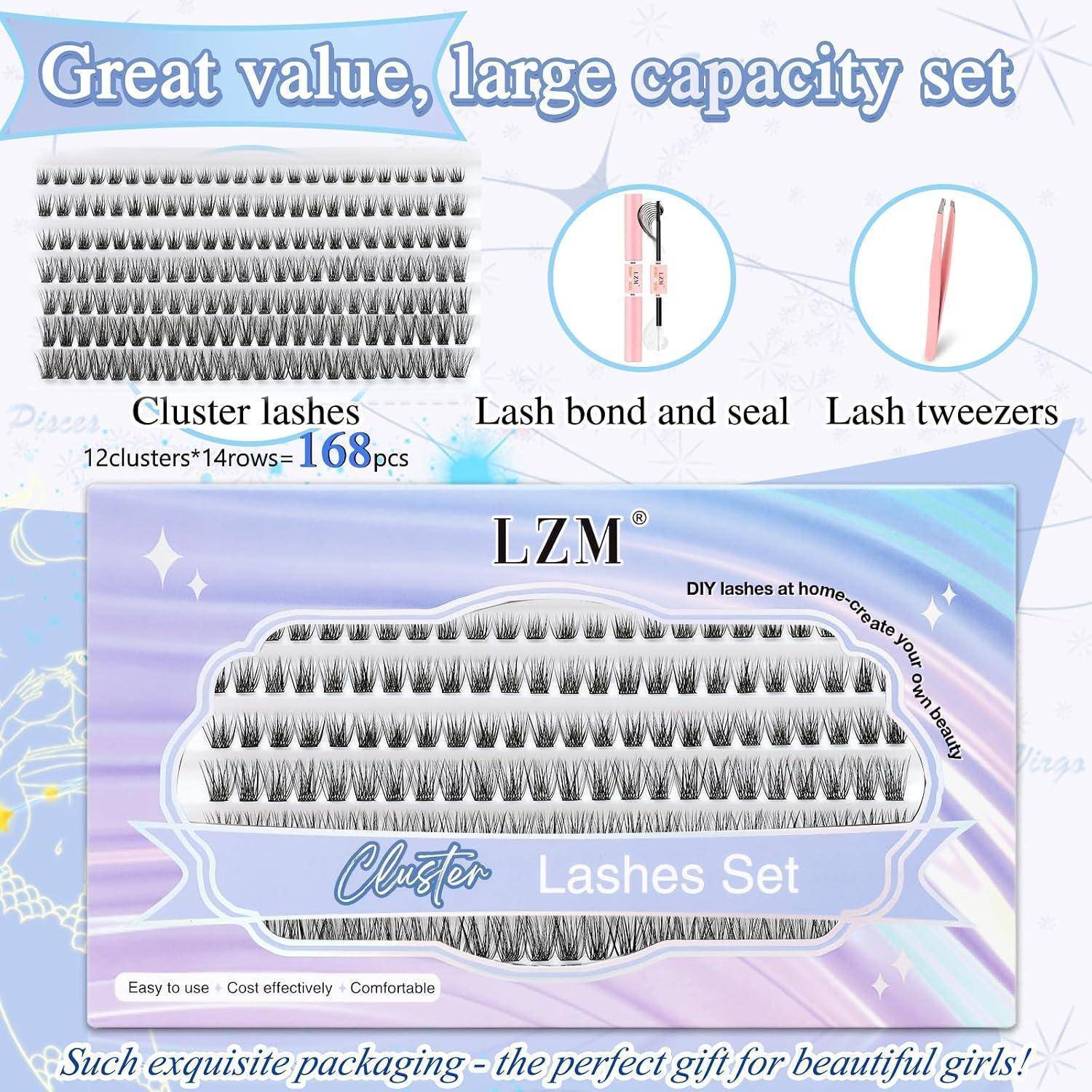 Werbebild für LZM Cluster Wimpern Set mit 168 künstlichen Wimpern, Wimpernkleber und Versiegelung sowie Wimpernpinzette in Pastellverpackung.