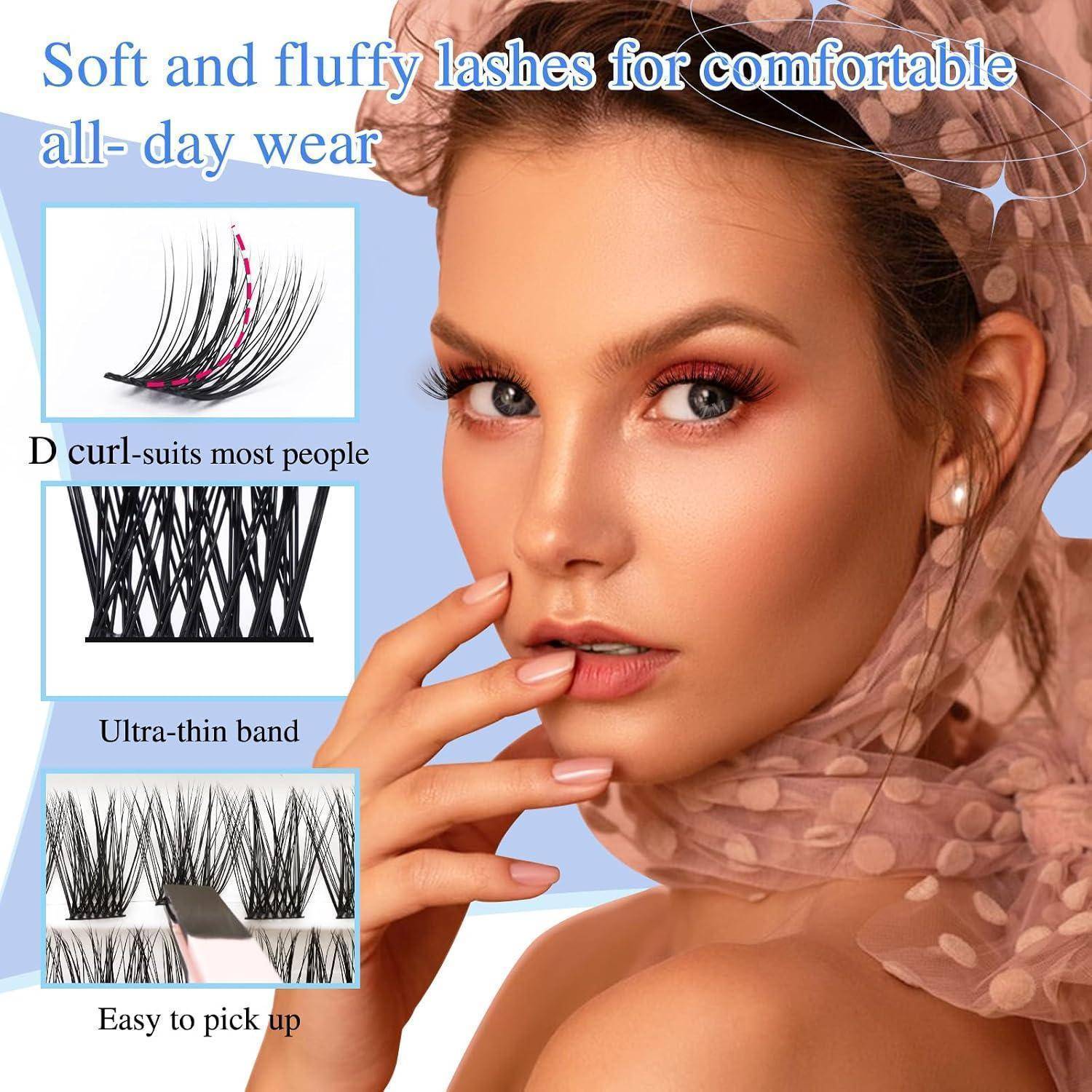Anzeige für weiche, flauschige Wimpernverlängerungen mit einem Model, das diese trägt; zeigt D-Curl, ultrafeines Band und einfach anzubringende Merkmale.