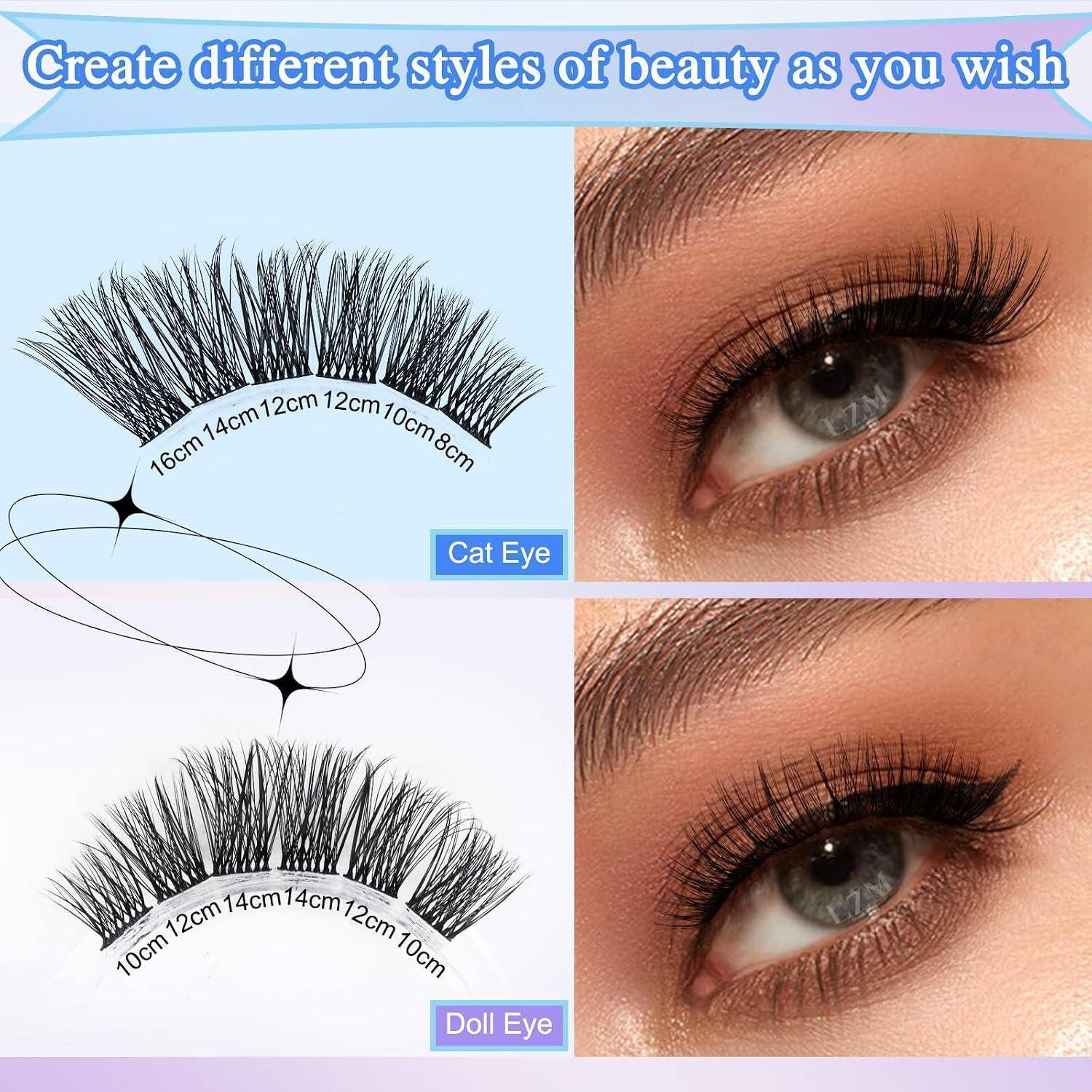 Vergleichsgrafik von künstlichen Wimpernstilen: 'Cat Eye' und 'Doll Eye', mit Längenleitfäden und Nahaufnahmen von Beispielen am Auge eines Models.