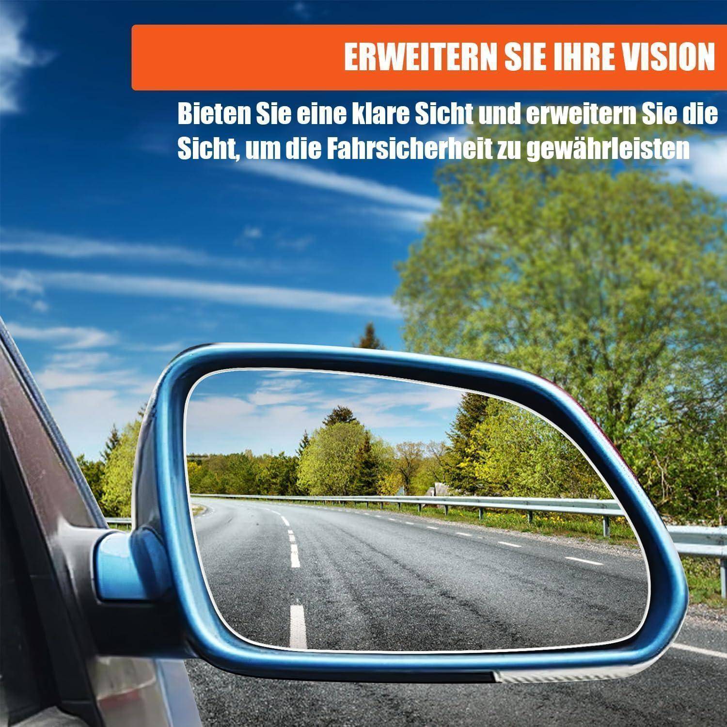 Autoseitenspiegel zeigt eine klare Sicht auf eine kurvenreiche Straße und den Himmel und veranschaulicht verbesserte Fahrsichtbarkeit. Der Text lautet 