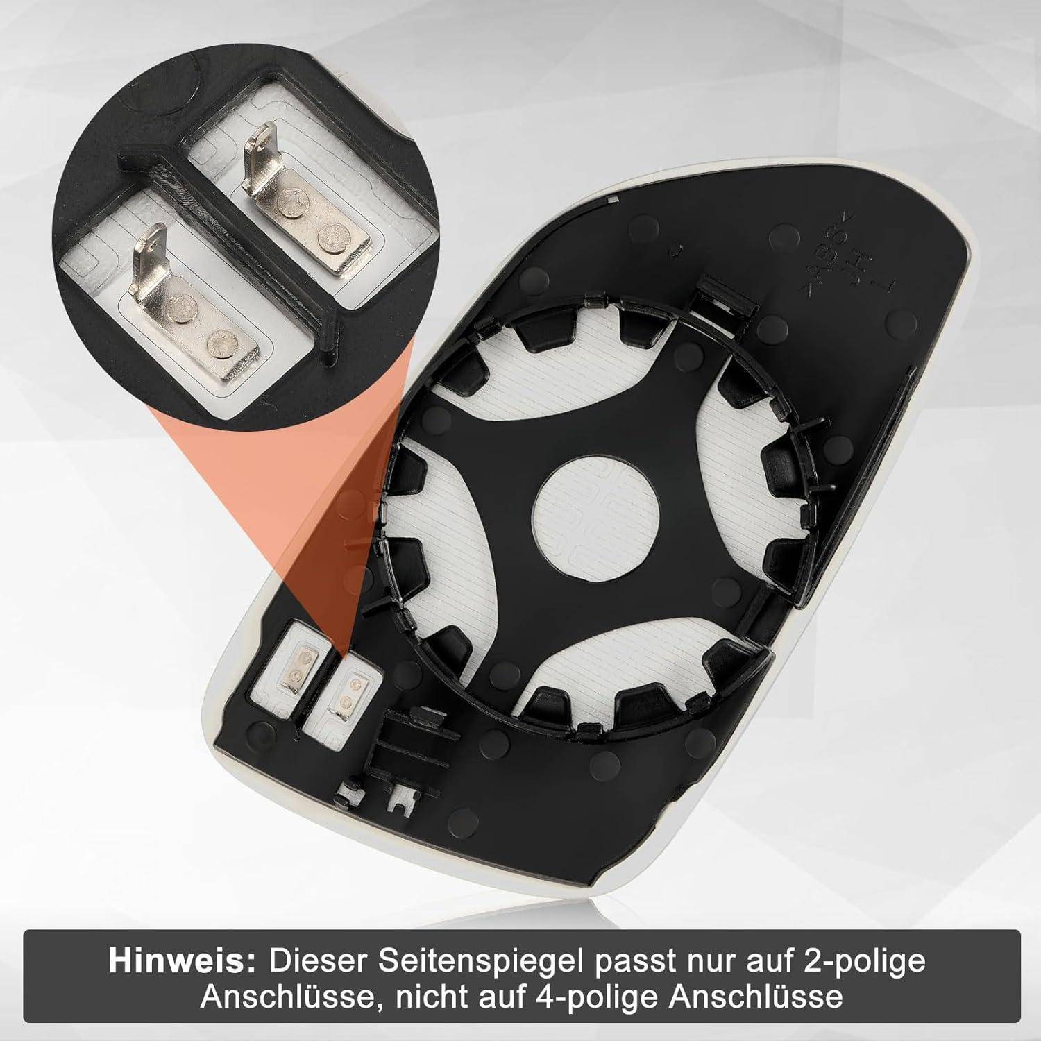 Backing-Platte des Seitenspiegels mit einer Nahaufnahme zweier elektrischer Stecker; Der Text besagt, dass sie für 2-polige und nicht für 4-polige Anschlüsse passt.