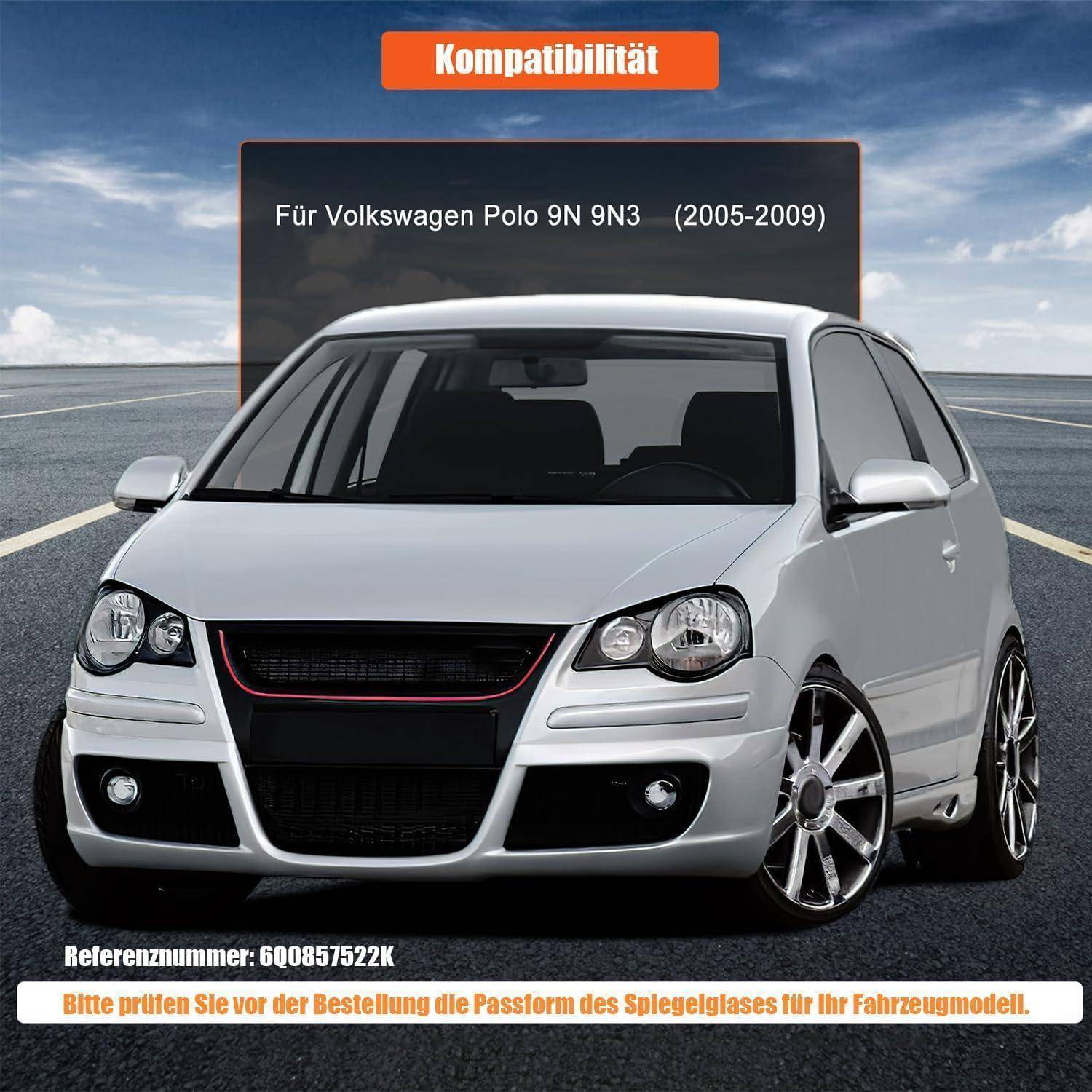 Kompatibilitätsbild zeigt einen weißen Volkswagen Polo 9N/9N3 (2005-2009) mit deutschem Text zur Spiegelglaspassung und Referenznummer 6Q0857522K.