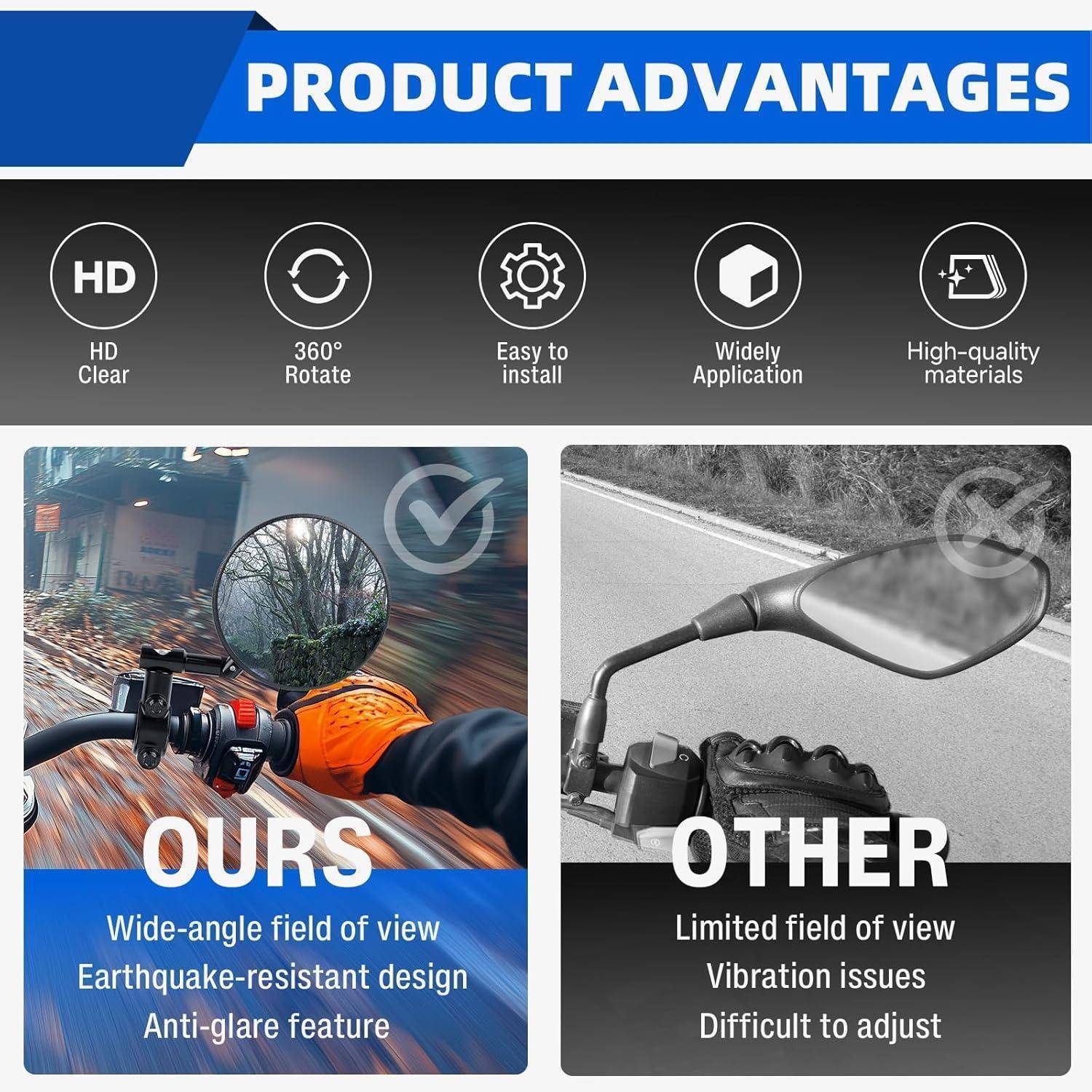 Produktvorteilevergleich für einen Motorradspiegel: Unserer bietet HD-Klarheit, 360°-Drehung, einfache Installation, breite Anwendbarkeit und hochwertige Materialien; andere haben eingeschränkte Sicht und Vibrationsprobleme.