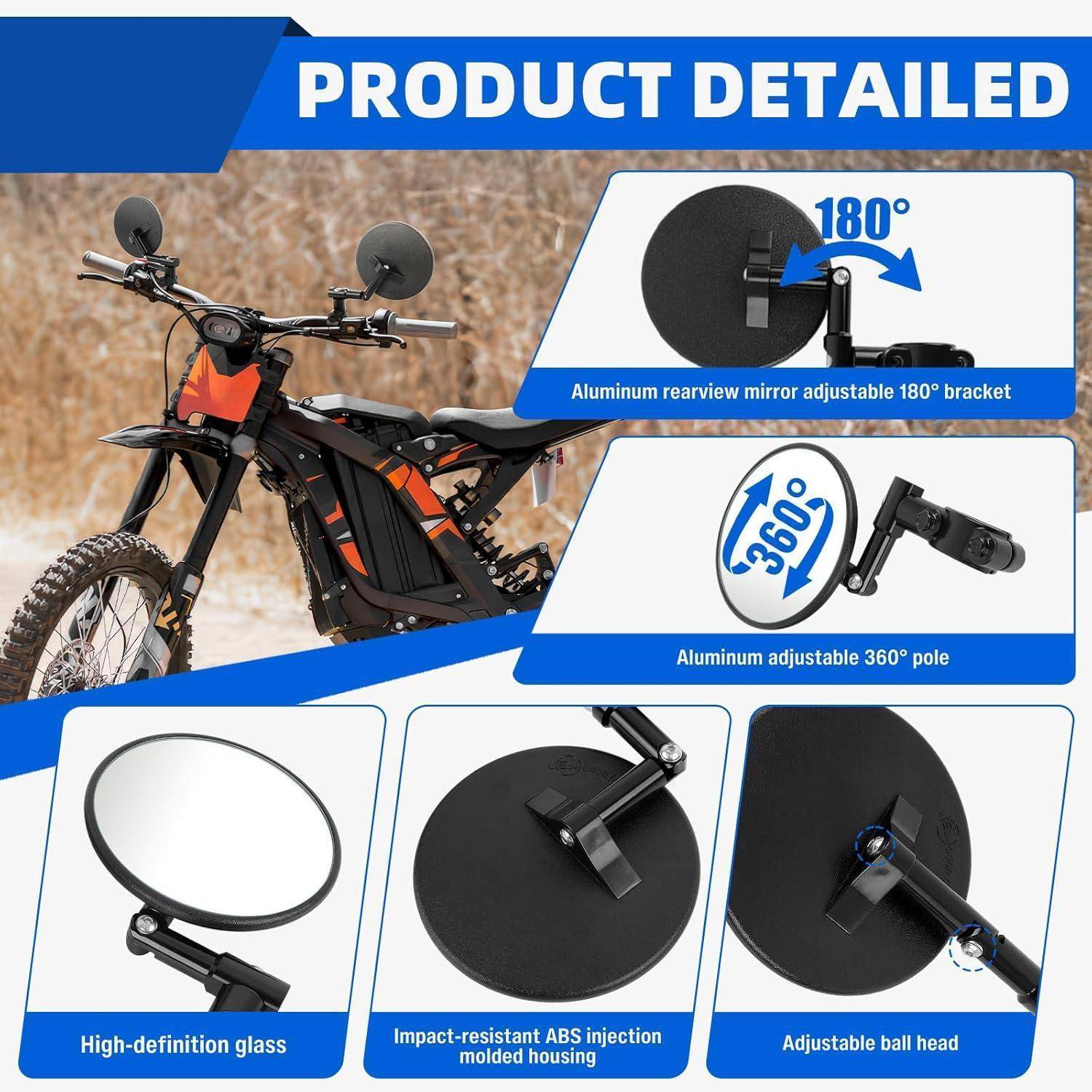 Motorrad-Rückspiegel Produktdetails mit verstellbarer 180°-Halterung, 360°-Stab, hochauflösendes Glas, stoßfestes ABS-Gehäuse und verstellbarer Kugelkopf.