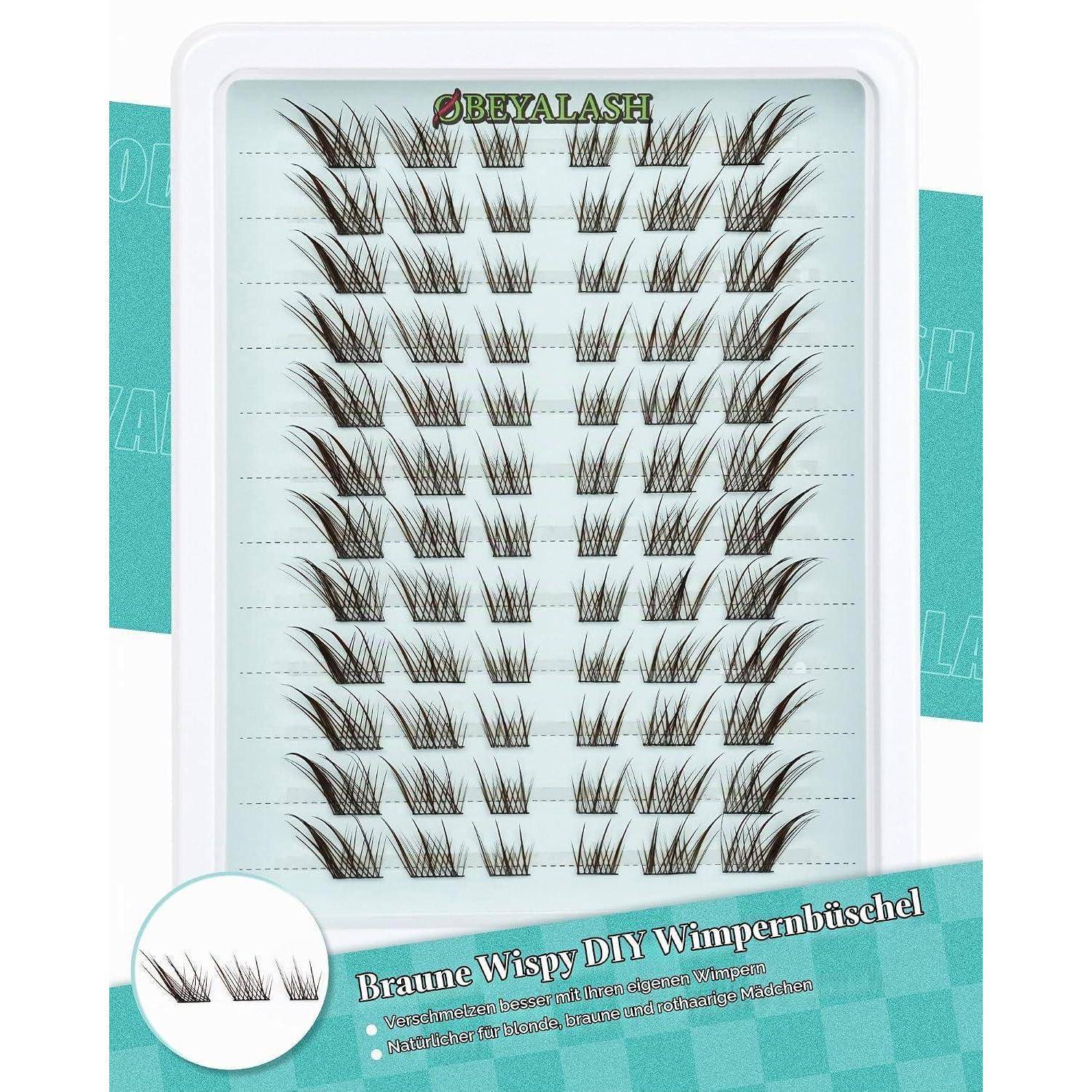 Produktbild eines Tabletts mit braunen, filigranen DIY-Wimpernbüscheln, beschriftet mit „Braune Wispy DIY Wimpernbüschel