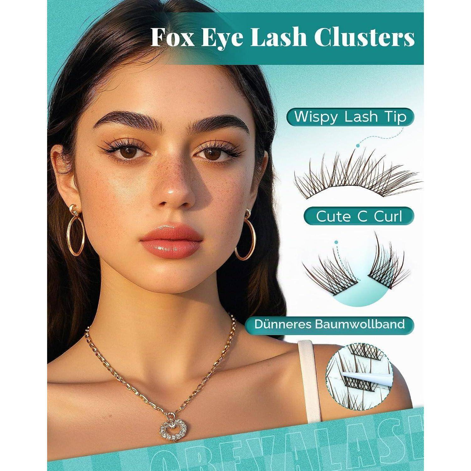 Werbebild einer Frau, die falsche Wimpern trägt, mit Etiketten „Wispy Lash Tip