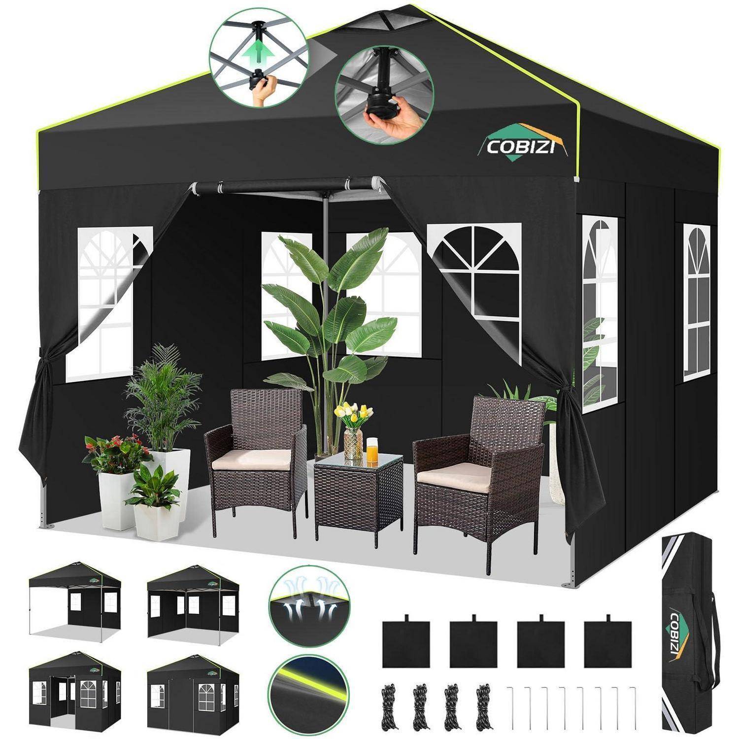 Schwarzes COBIZ Patio-Gartenzelt mit Moskitonetz und Vorhängen, gezeigt montiert mit Korbstühlen, einem Tisch, Pflanzen und Detailaufnahmen von Zubehör darunter.