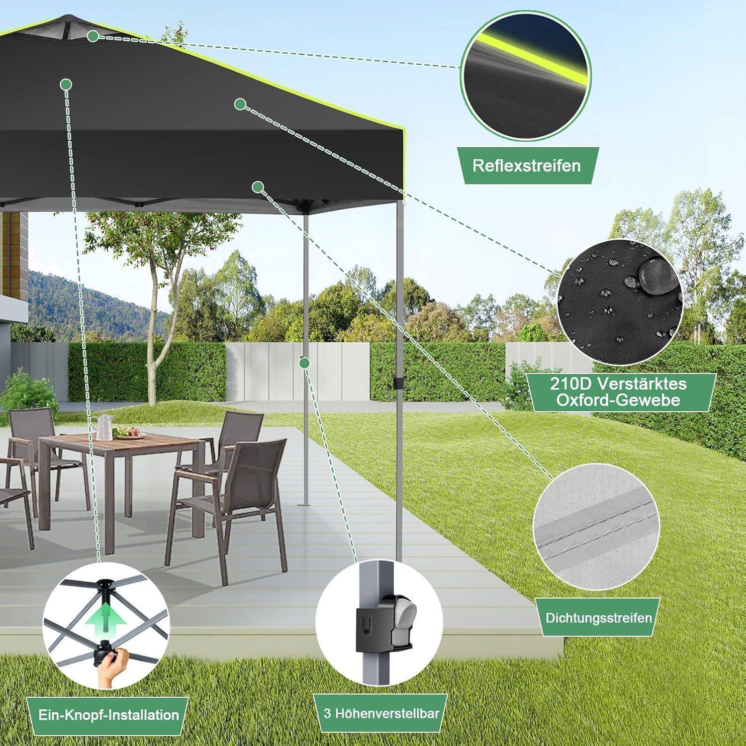 Schwarze Terrassen-Laube mit Tisch und Stühlen, zeigt Beschriftungen für reflektierendes Band, 210D verstärktes Oxford-Gewebe, Dichtungsstreifen, Einknopf-Setup und 3-stufige Höhenverstellung.