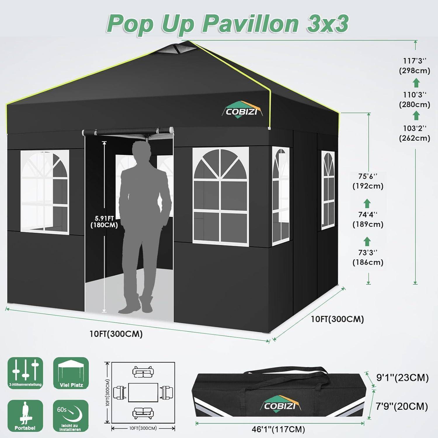 Diagramm eines "Pop-Up-Pavillons 3x3"" mit einem schwarzen Zelt mit den Abmessungen 3 m x 3 m und Höhenmessungen, sowie einer Transporttasche und zusammengefalteter Anordnung.