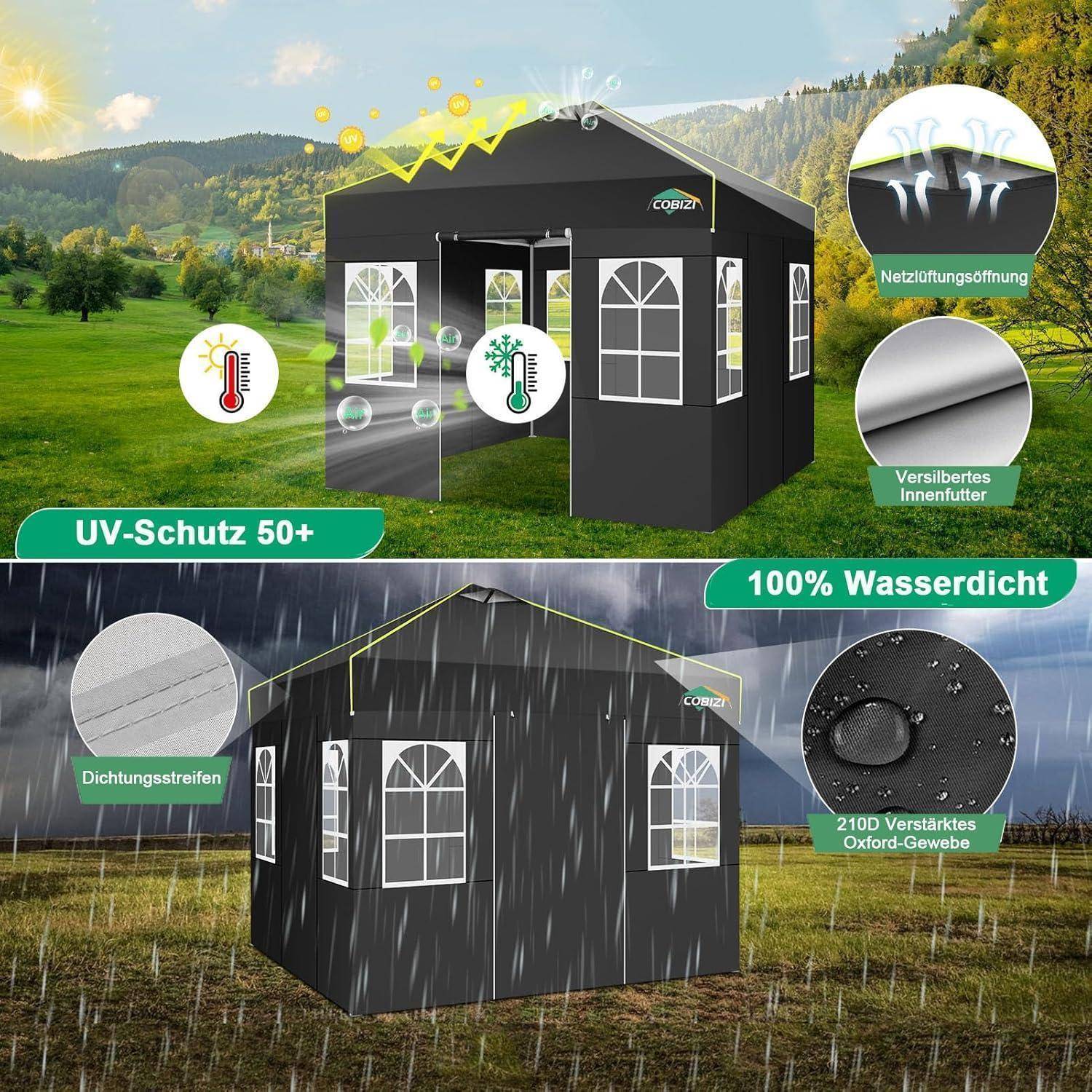 Schwarzes Outdoor-Pavillon-Zelt in Sonne und Regen gezeigt, das UV-Schutz 50+, 100% Wasserdichtheit, Belüftungsöffnungen, verstärktes Oxford-Gewebe und wasserdichte Dichtungsstreifen hervorhebt.