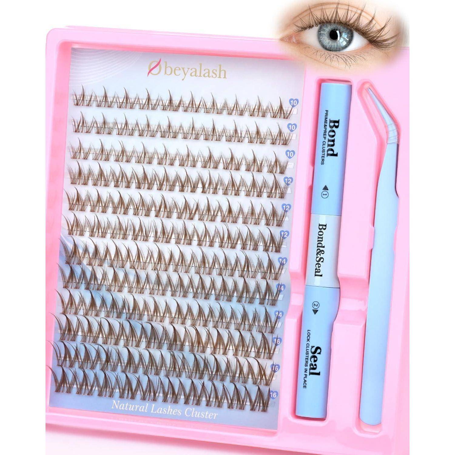 Pinker Wimpernverlängerungs-Set mit Tablett aus natürlichen Wimpern, Bond/Seal-Applikator und Pinzette; Nahaufnahme-Augengrafik in der Ecke.